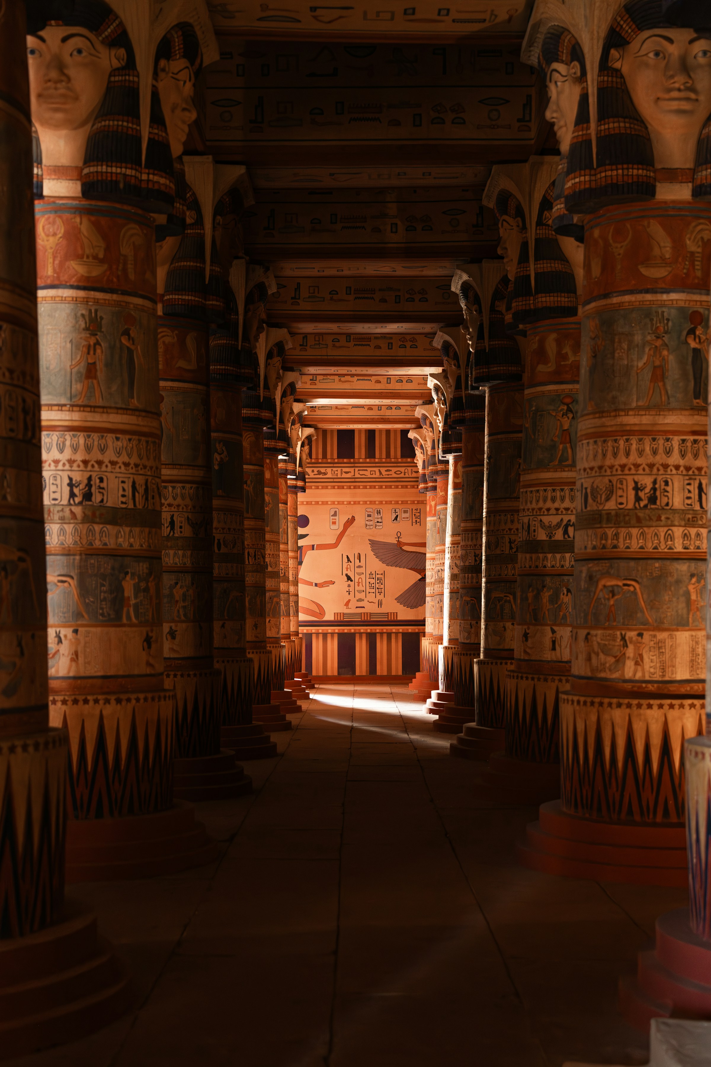Painted columns line a dim temple hall, drawing the eye toward a bright doorway at the far end of the chamber.