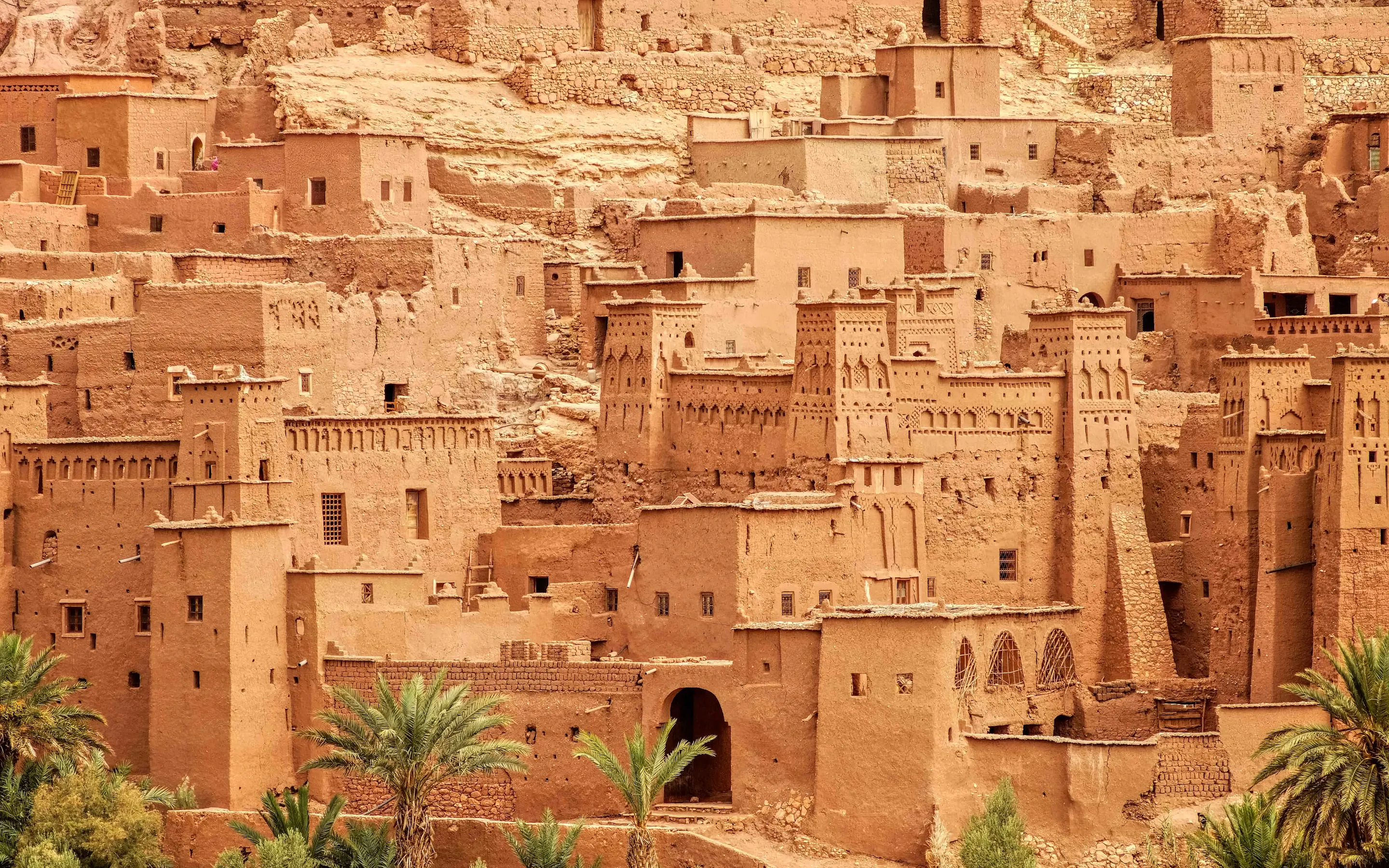 Layered clay towers and narrow windows rise above palms at Ait Benhaddou, revealing the ksar's dense earthen texture.