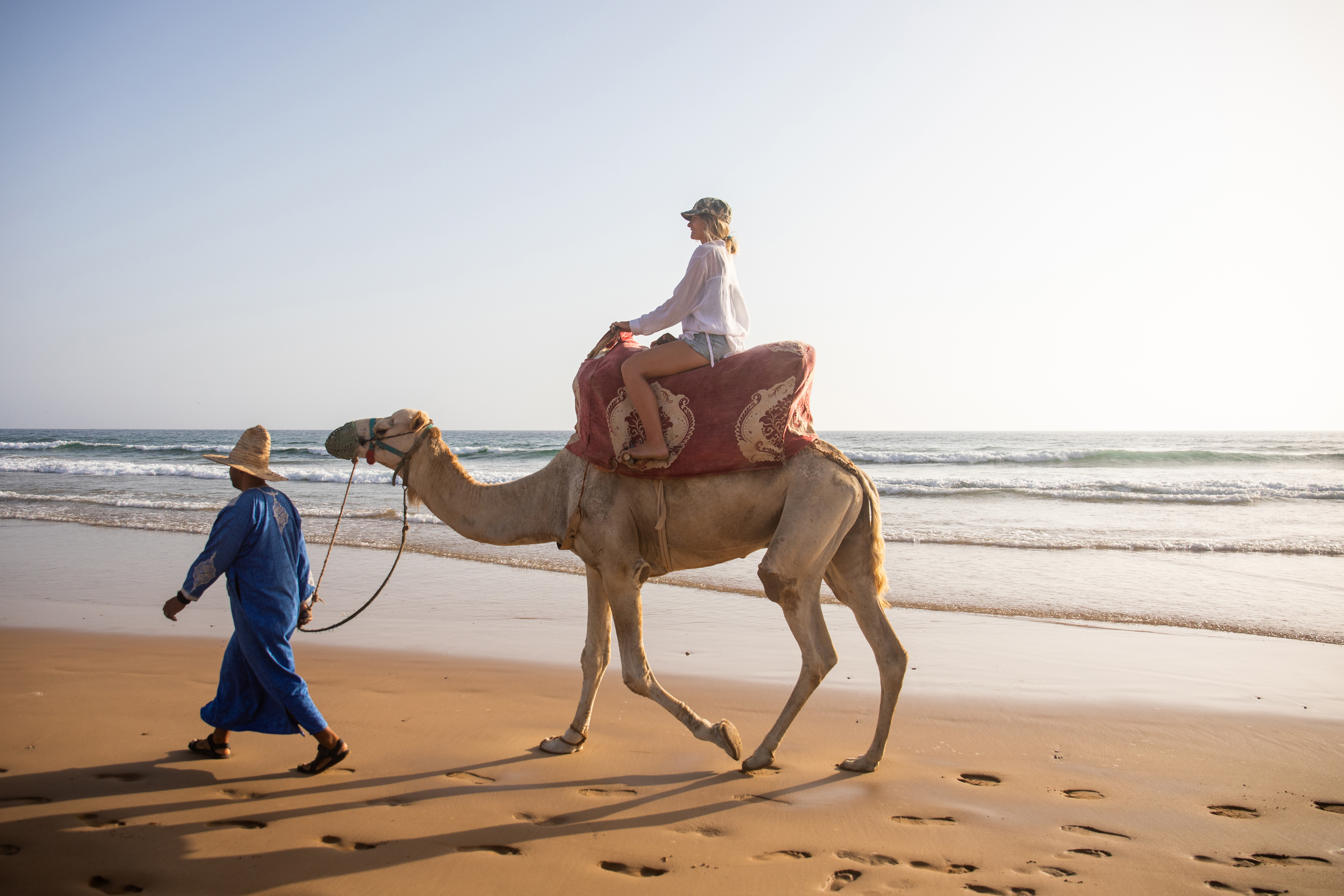 A guide leads a saddled camel along the beach, with gentle surf, wet sand, and a rider seated above the shoreline.