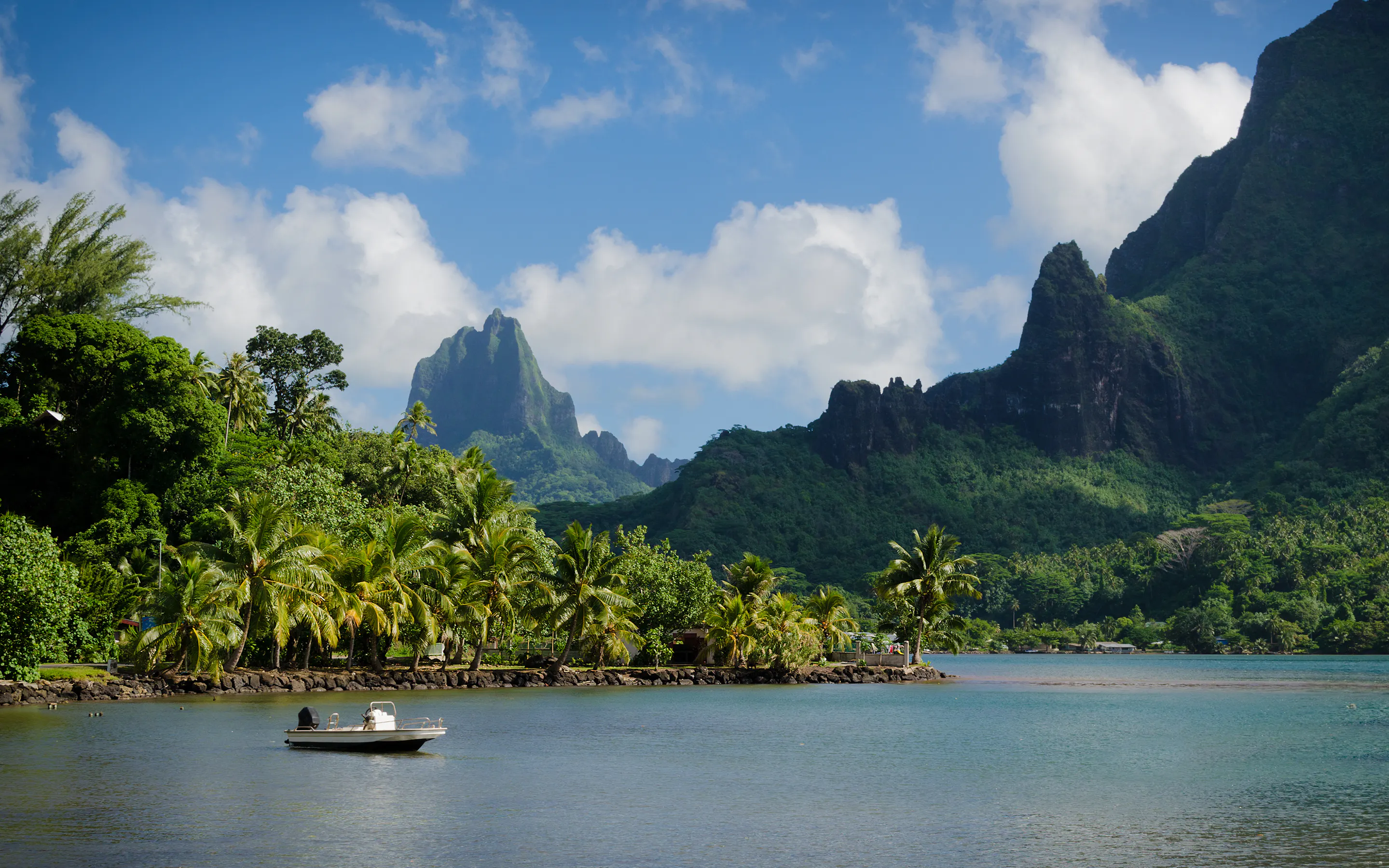 A small boat floats on calm bay water beneath jagged green peaks, with dense tropical forest covering the slopes.