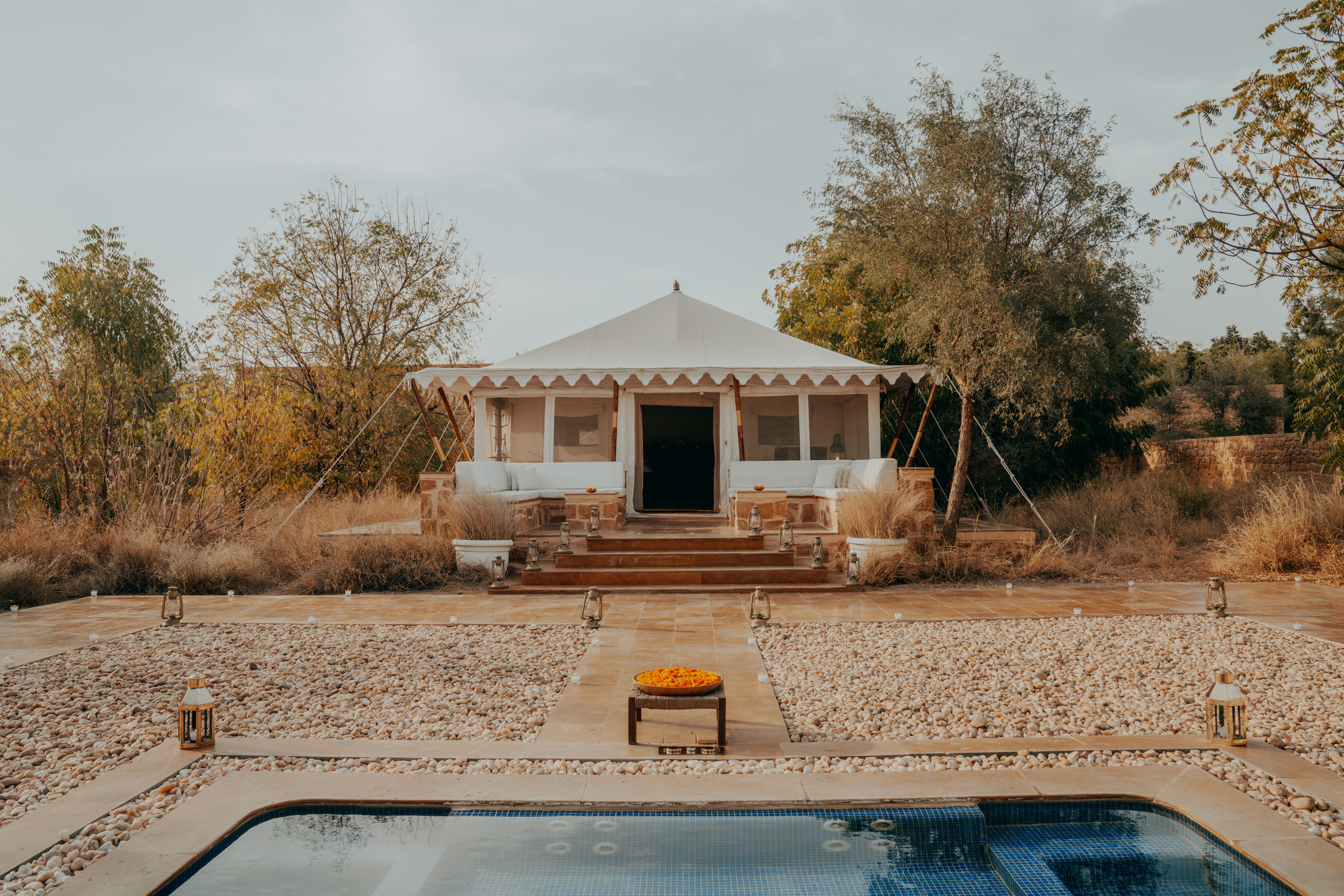 swimming pool in front luxury room tent