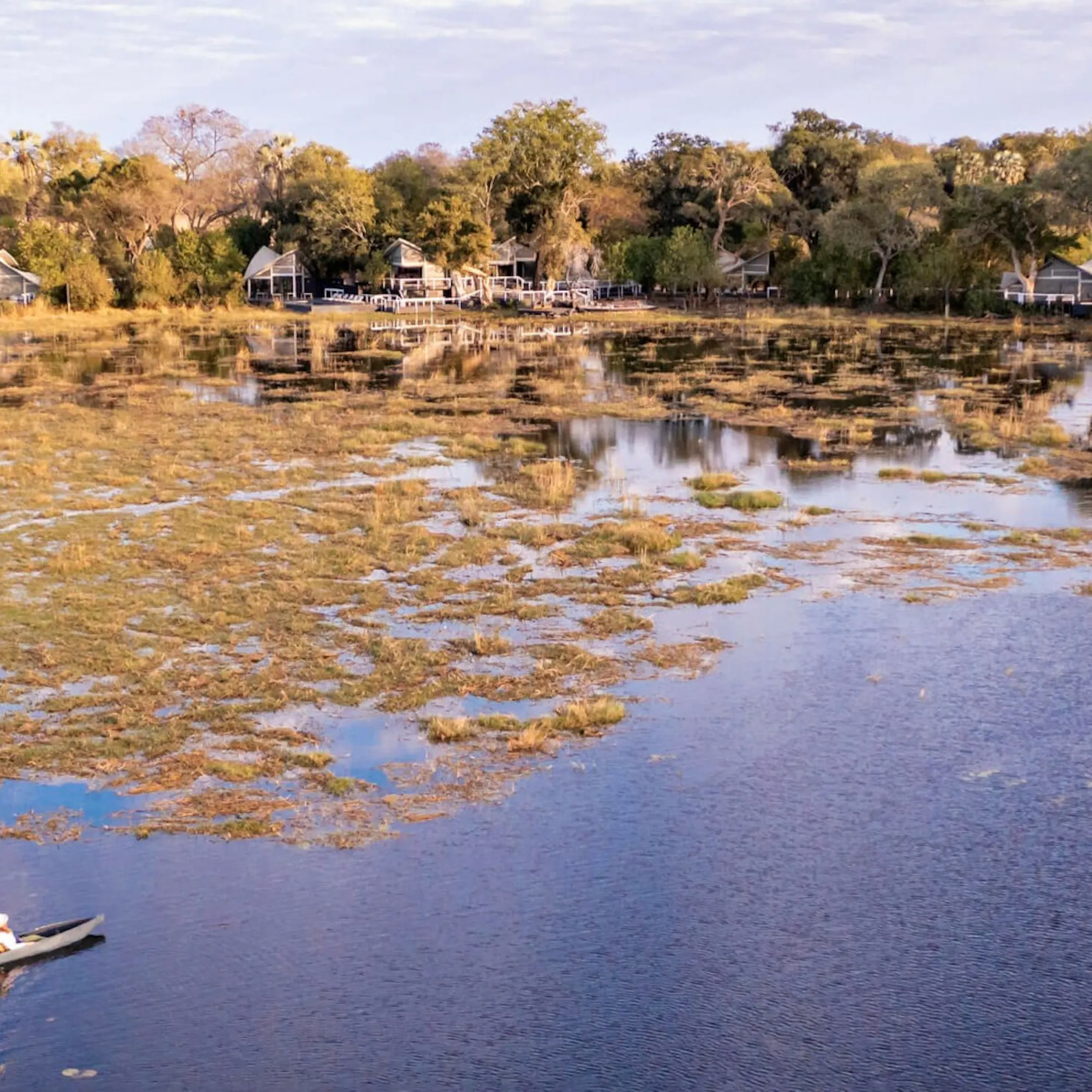 A mokoro glides across shallow water below Abu Camp, where tented suites line the wooded edge of the Okavango.