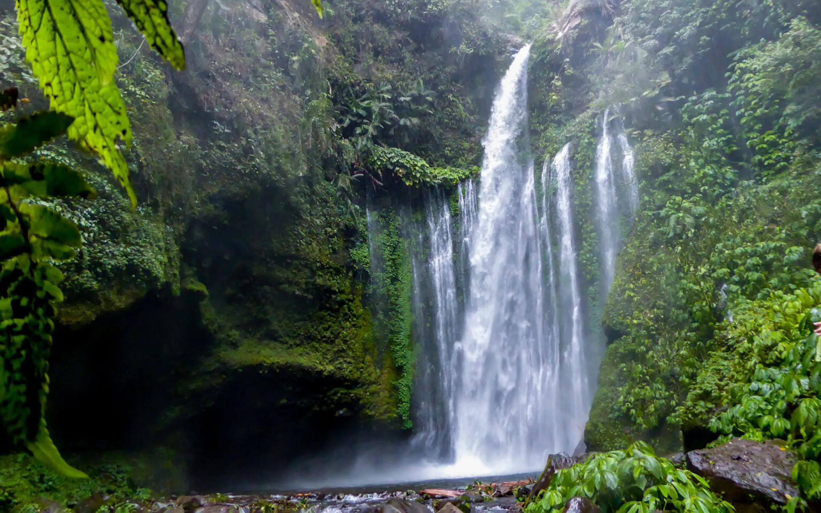 A tall waterfall drops into a rocky pool in Lombok, surrounded by dense green forest and dark wet stone walls.