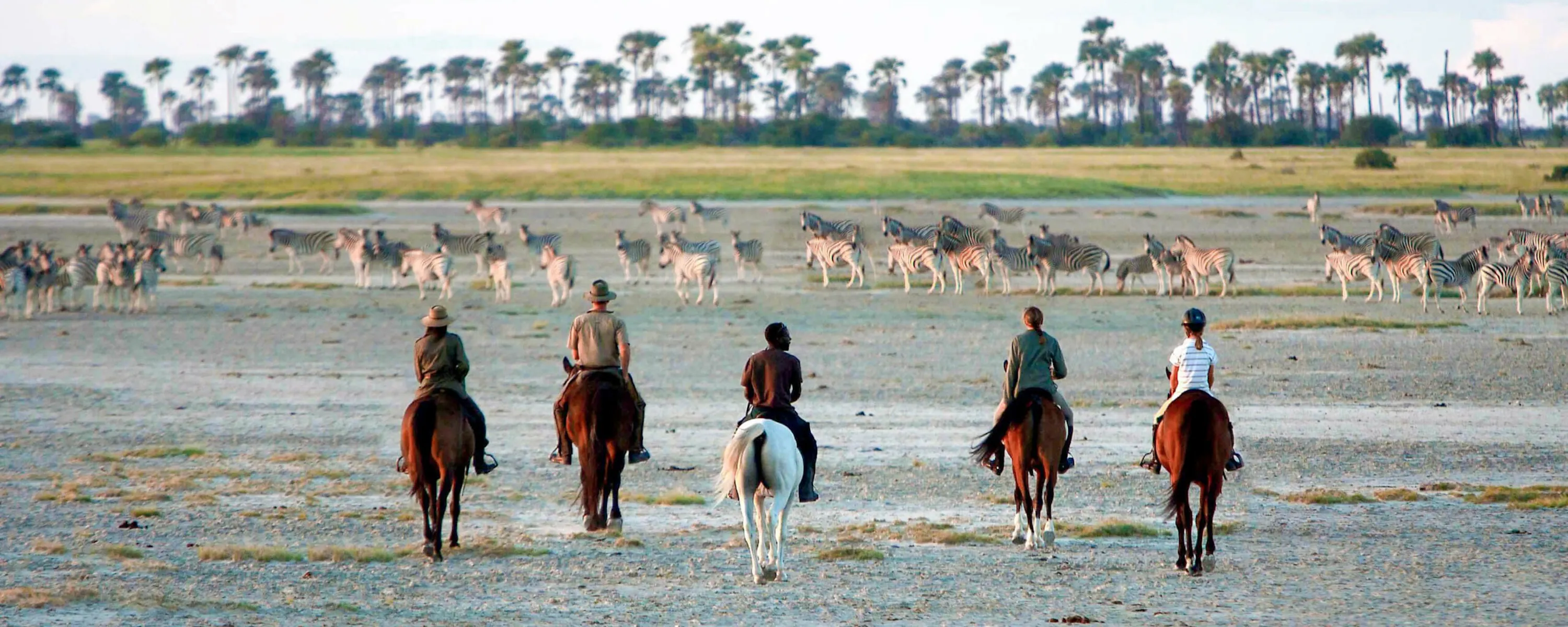 Five riders on horseback cross open salt flats toward a broad spread of zebras beneath a pale sky in Botswana.