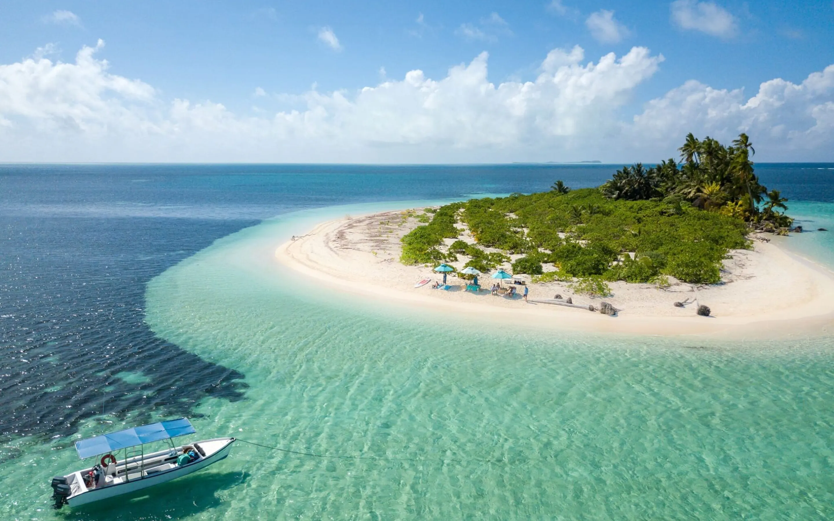 A boat floats beside shallow turquoise water and a white sandbank fringed with greenery near Alphonse Island.