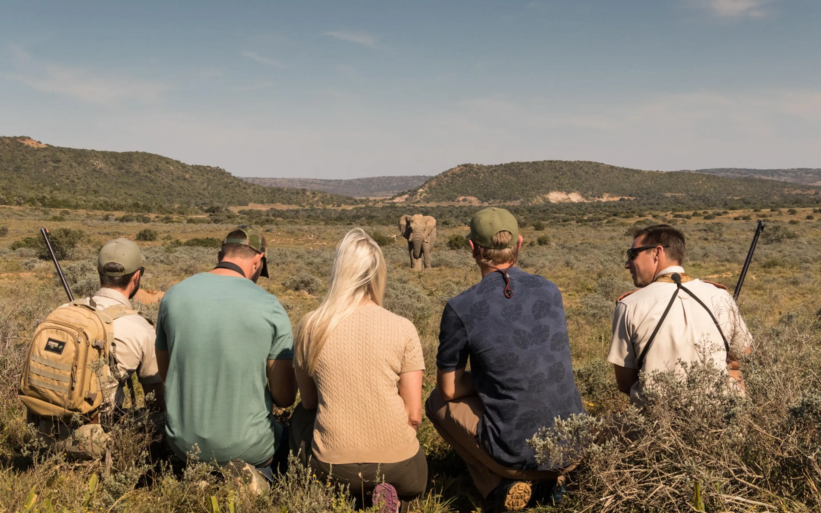 An elephant walks through tall dry grass as guests and a guide pause behind it on safari at Sindile in Shamwari.