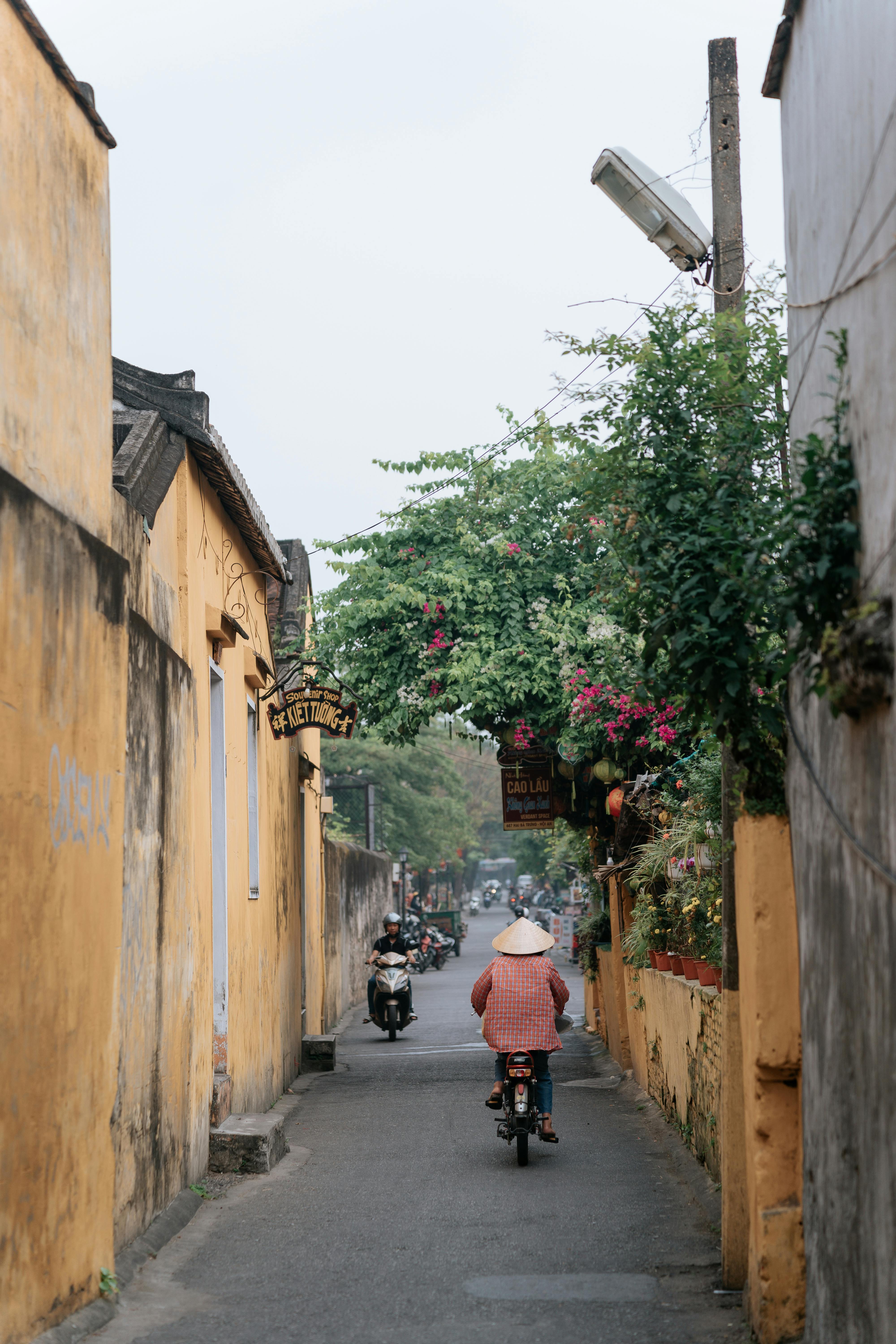A narrow lantern-lit alley in Hoi An's ancient town is lined with motorbikes and tropical plants.