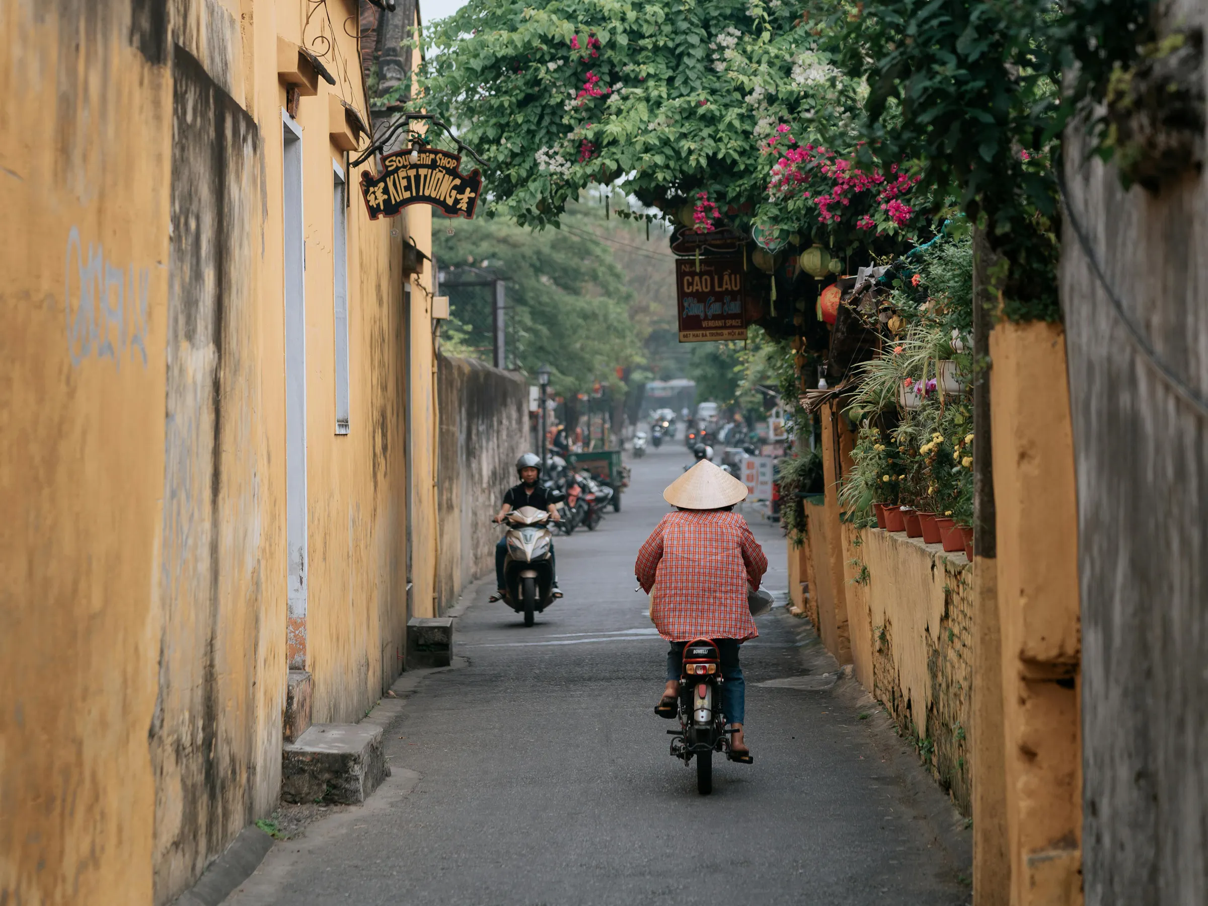 A narrow lantern-lit alley in Hoi An's ancient town is lined with motorbikes and tropical plants.