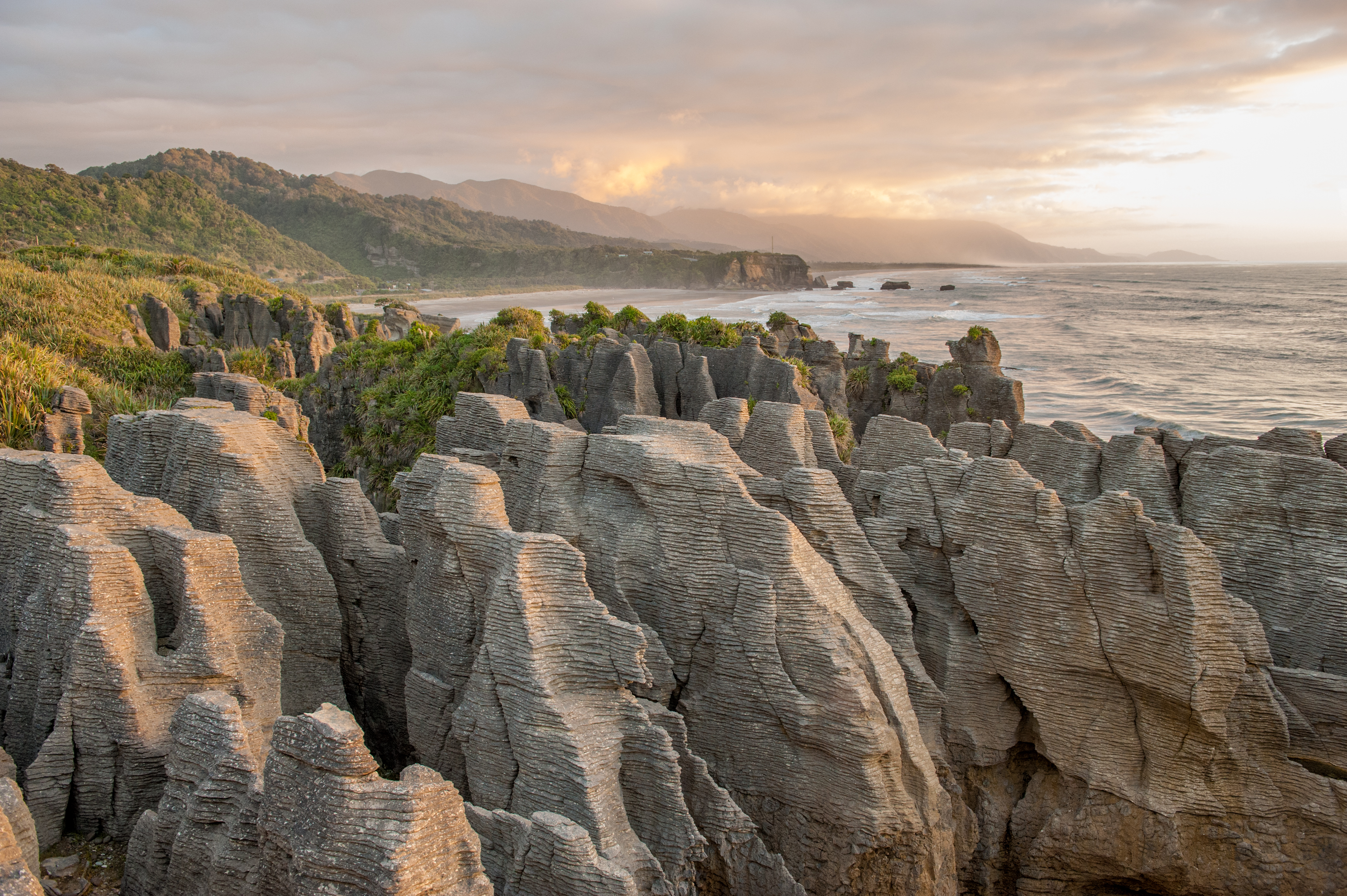 Layered pancake rock formations rise from the Tasman Sea at Punakaiki on New Zealand's West Coast.