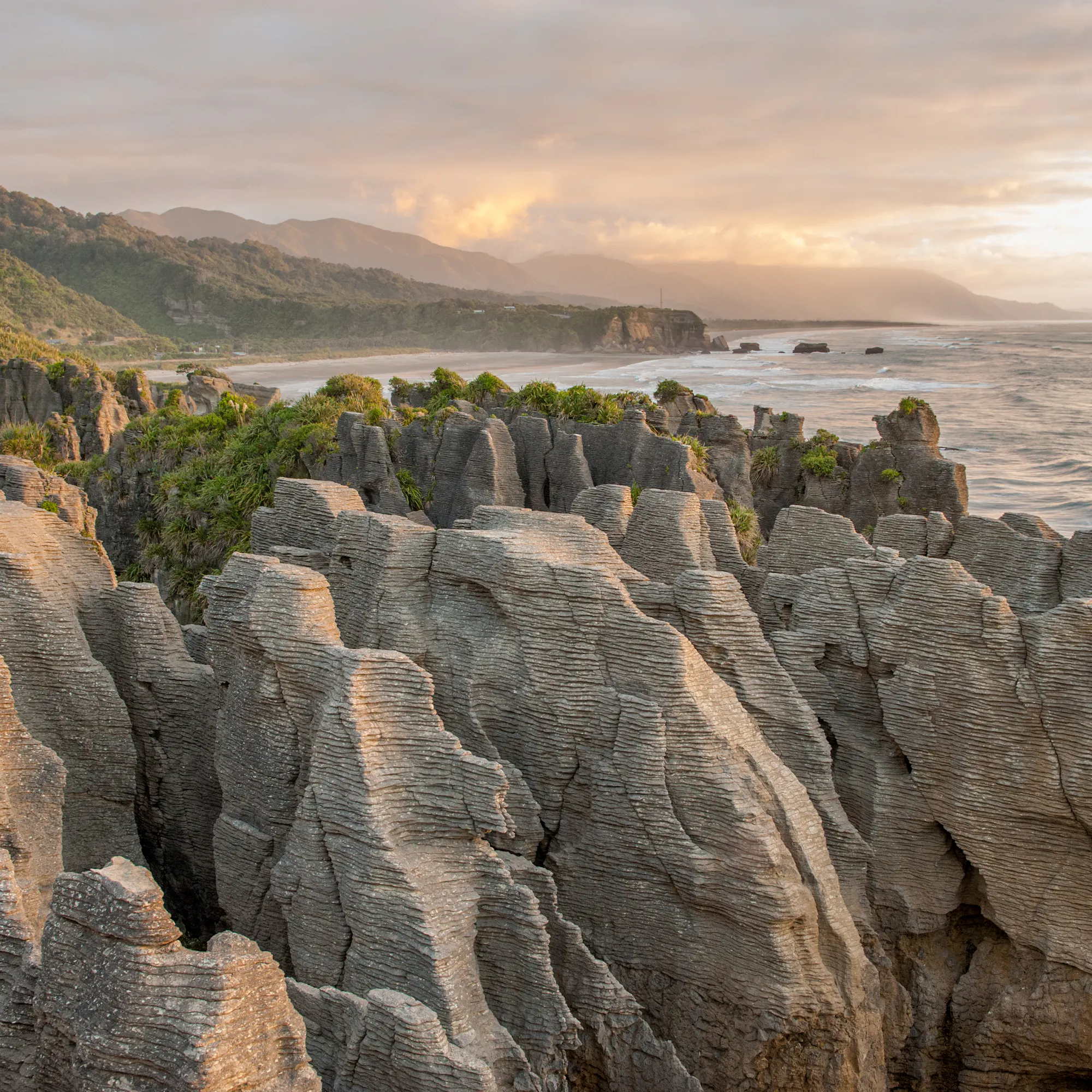 Layered pancake rock formations rise from the Tasman Sea at Punakaiki on New Zealand's West Coast.