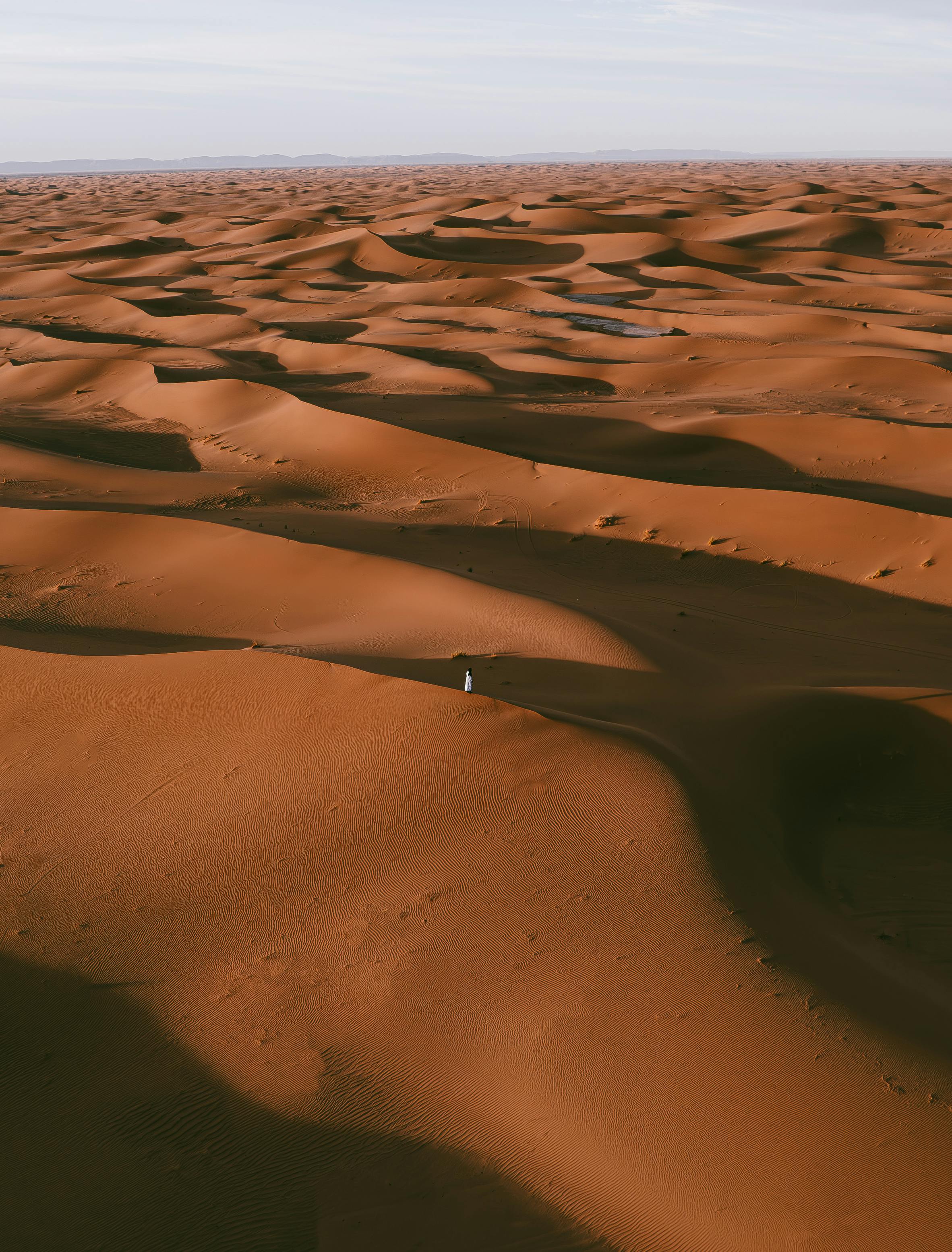 Tall orange and red sand dunes stretch to the horizon under a deep blue sky in Morocco's Sahara.