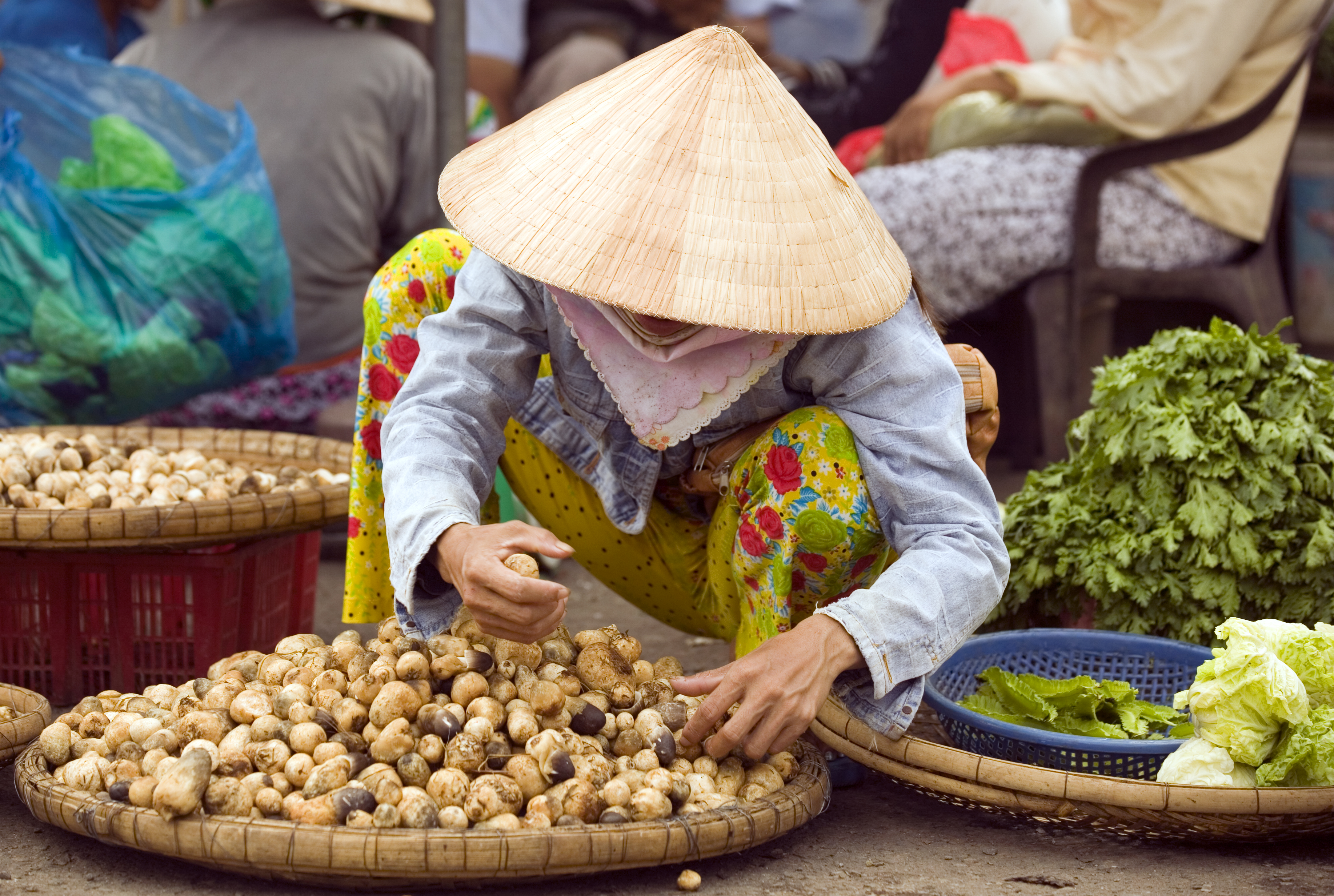 A woman in a conical hat sells vegetables from baskets spread on the ground at a street market.
