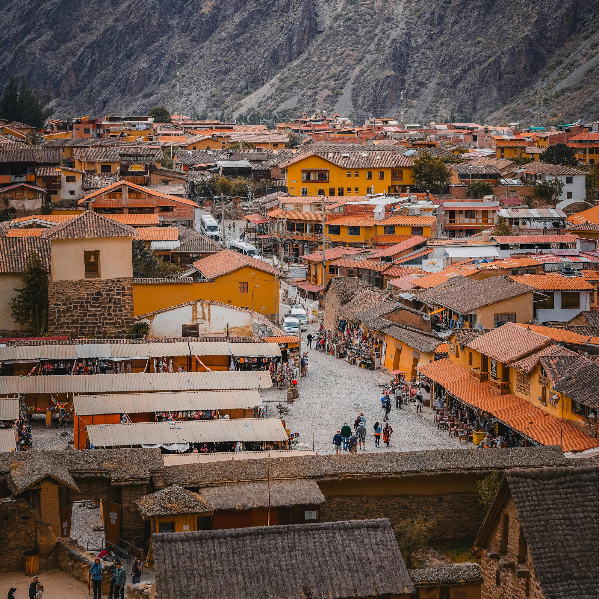 Aerial view of rooftops in Cusco, Peru.