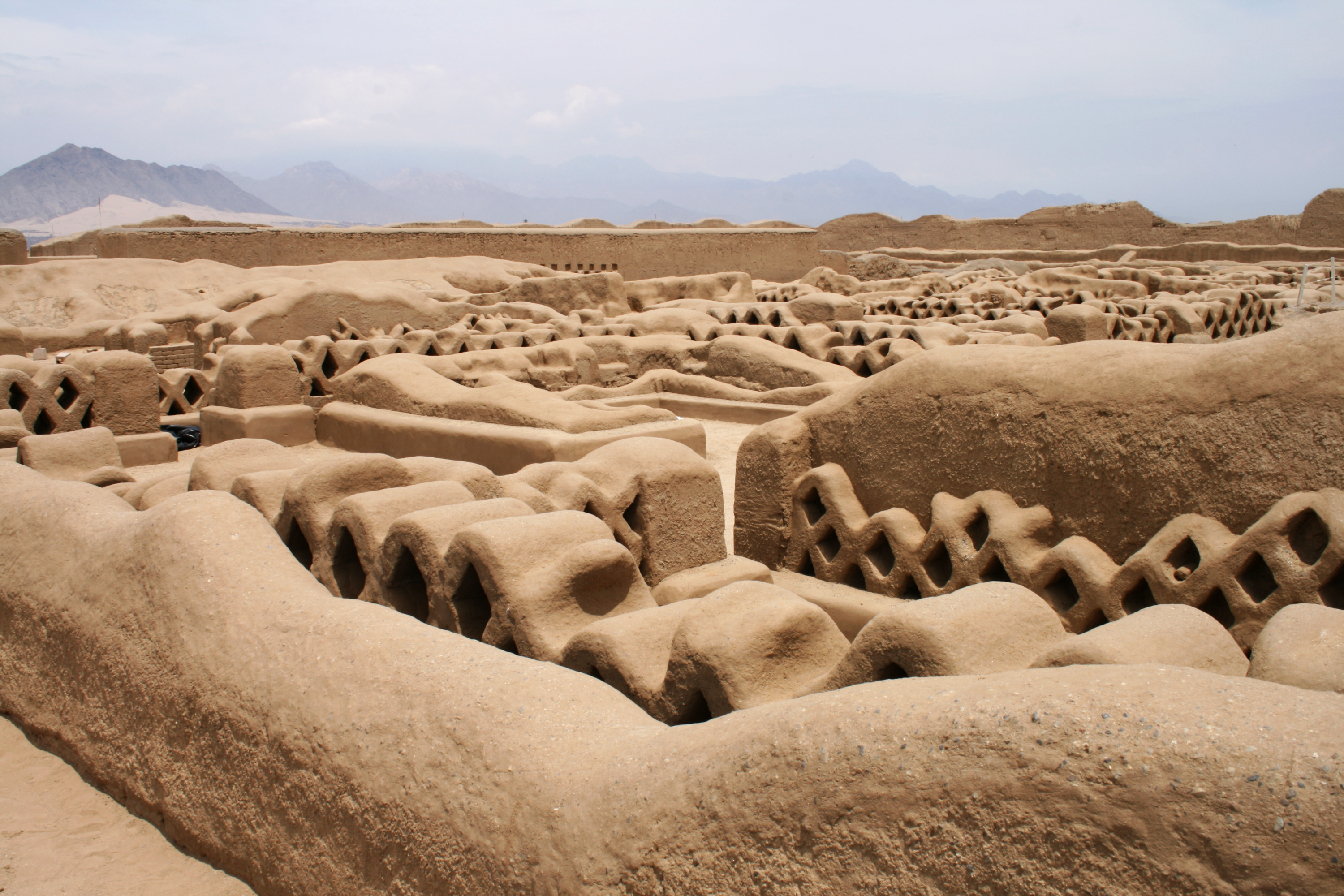 Intricate adobe friezes and eroded mud-brick walls stretch across the ancient ruins of Chan Chan.