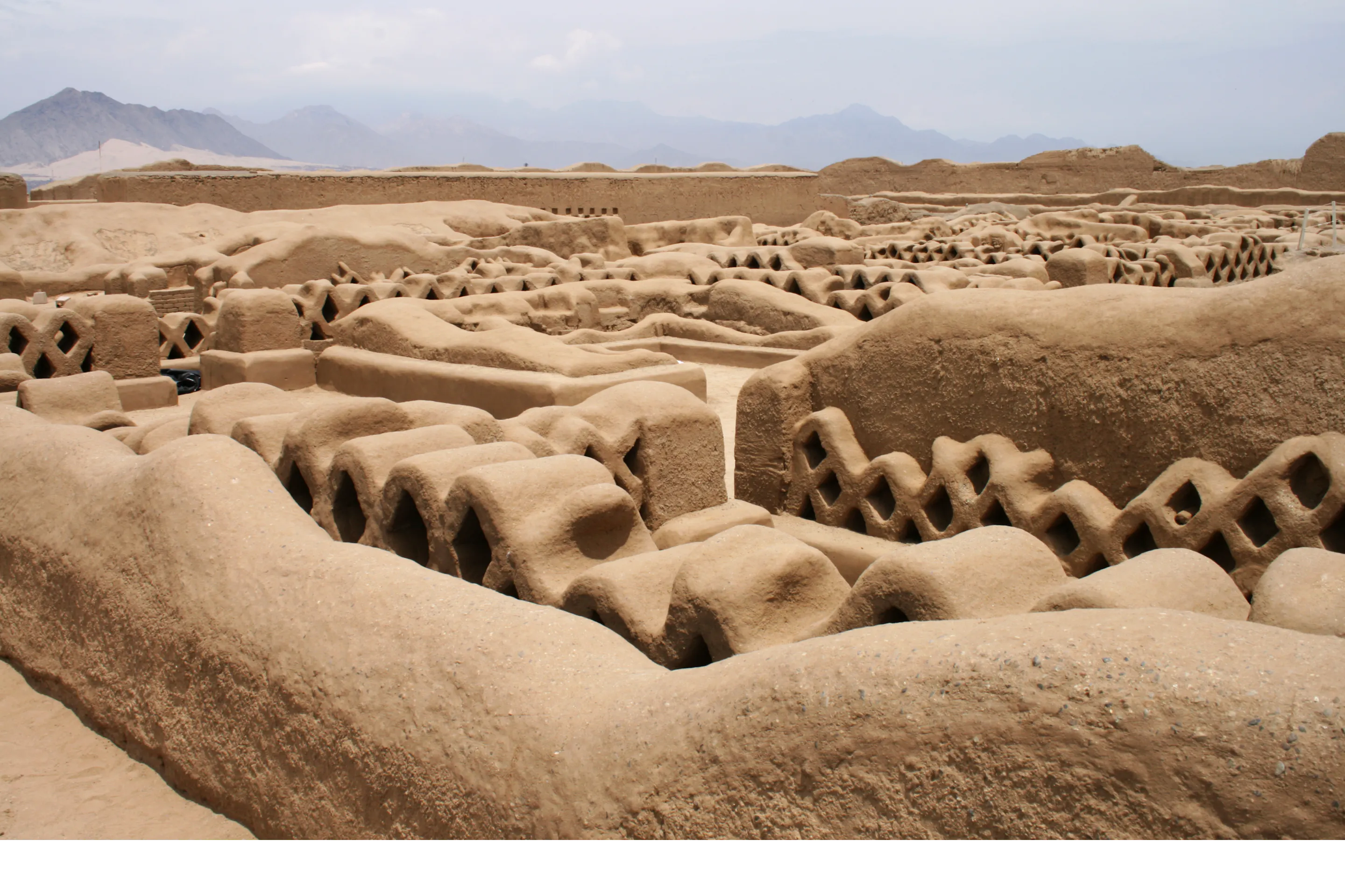 Intricate adobe friezes and eroded mud-brick walls stretch across the ancient ruins of Chan Chan.