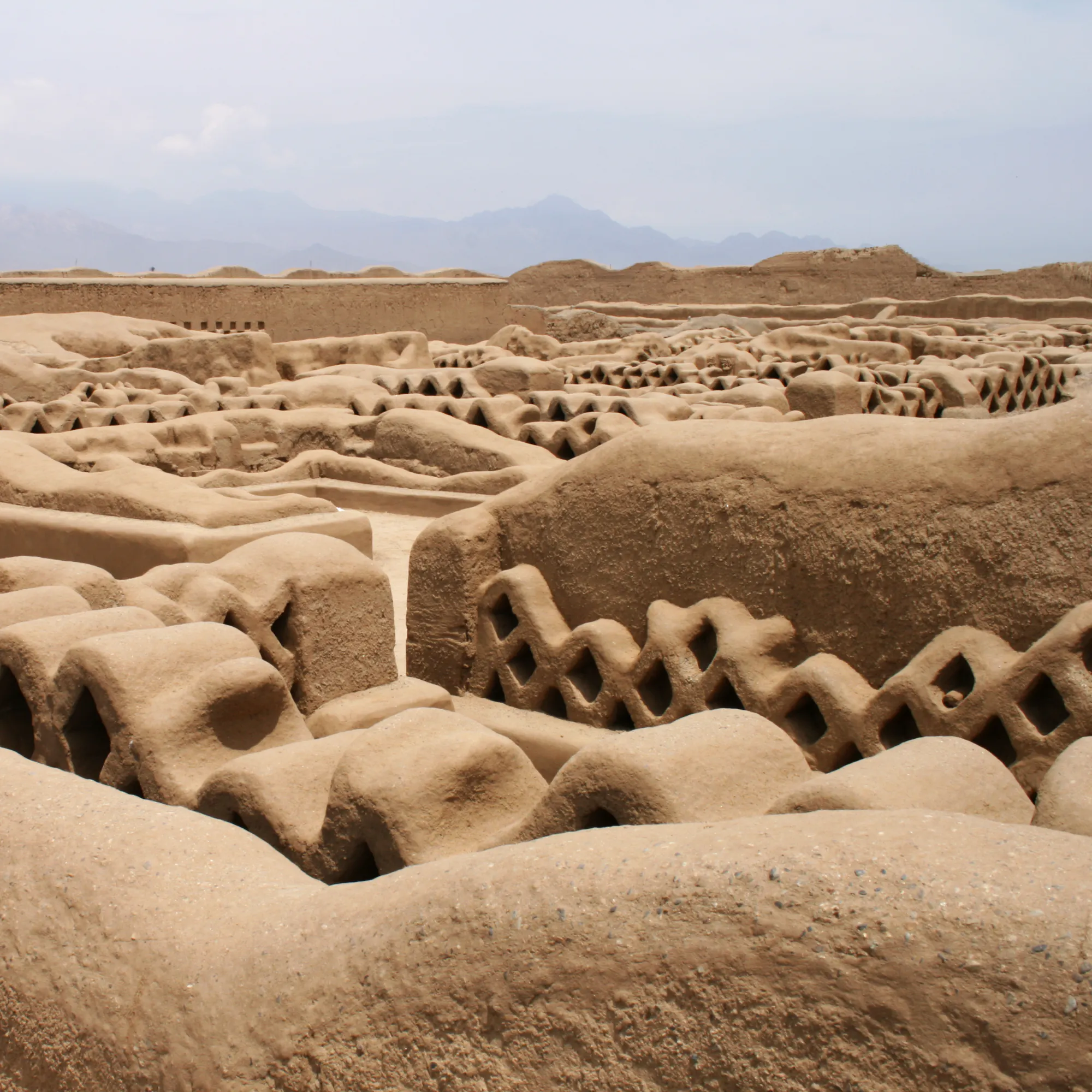 Intricate adobe friezes and eroded mud-brick walls stretch across the ancient ruins of Chan Chan.
