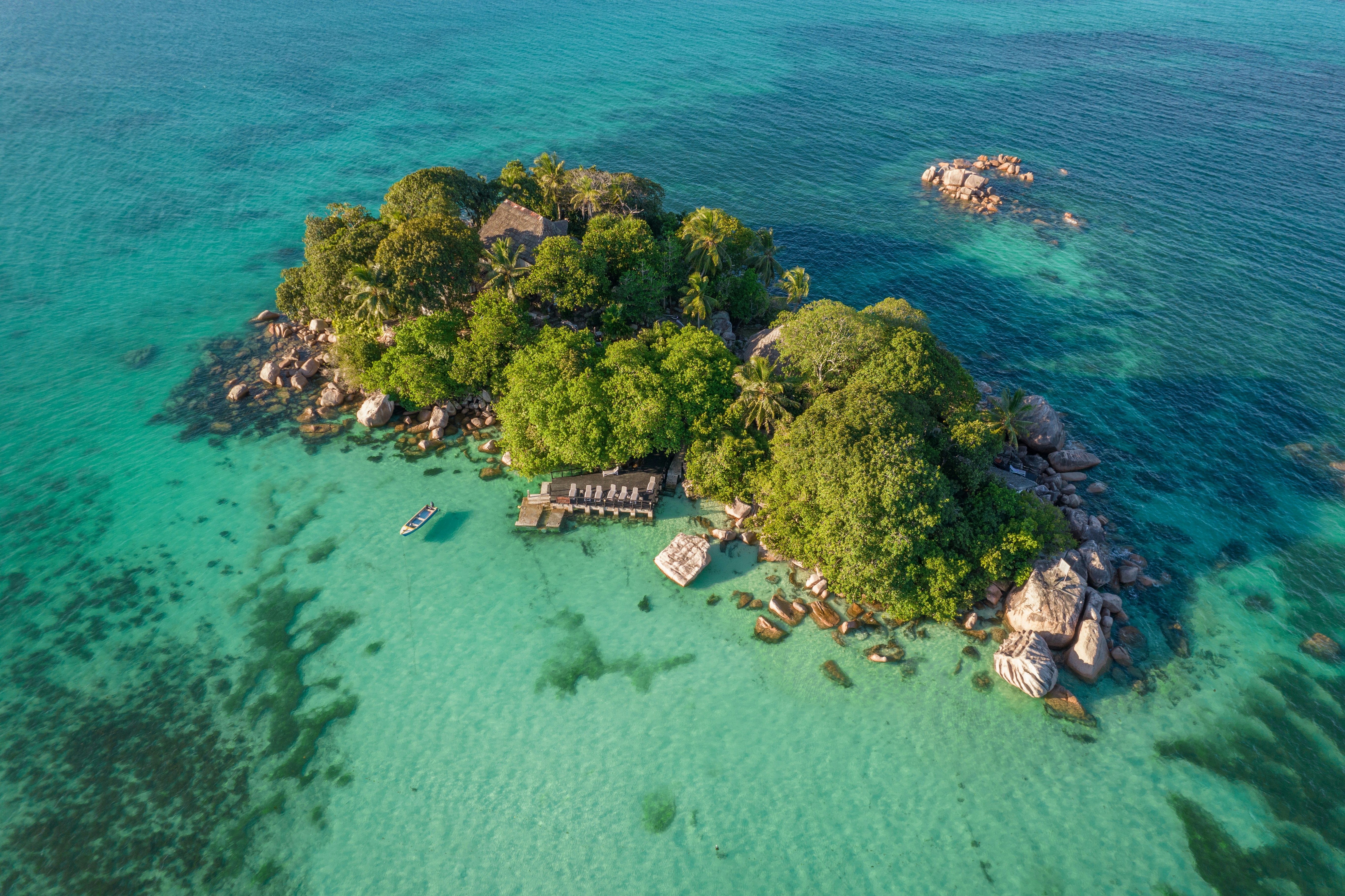 Aerial view of a small coral atoll with a dense green island ringed by turquoise reef in the Seychelles.