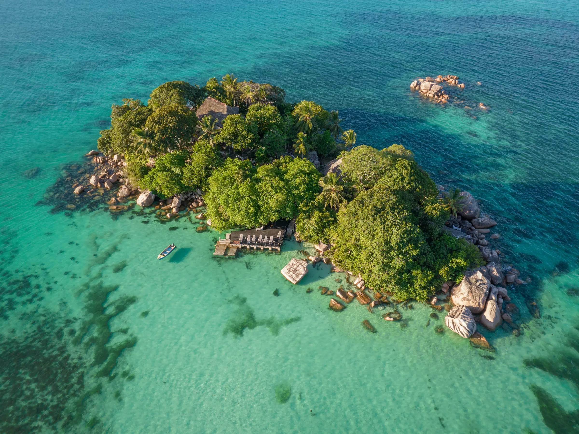 Aerial view of a small coral atoll with a dense green island ringed by turquoise reef in the Seychelles.