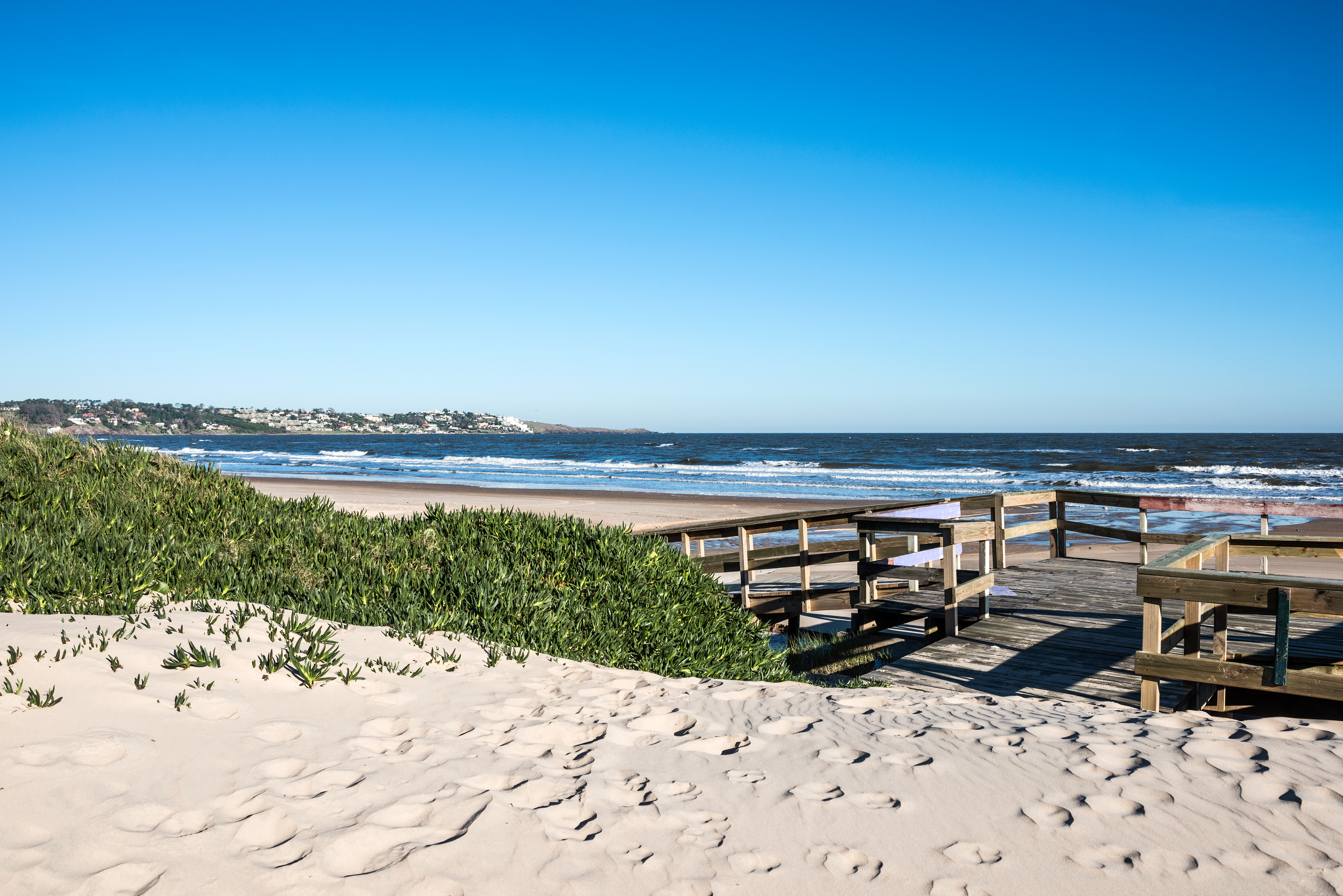 White sand dunes and low beach vegetation stretch along the coast under a blue sky in Uruguay.
