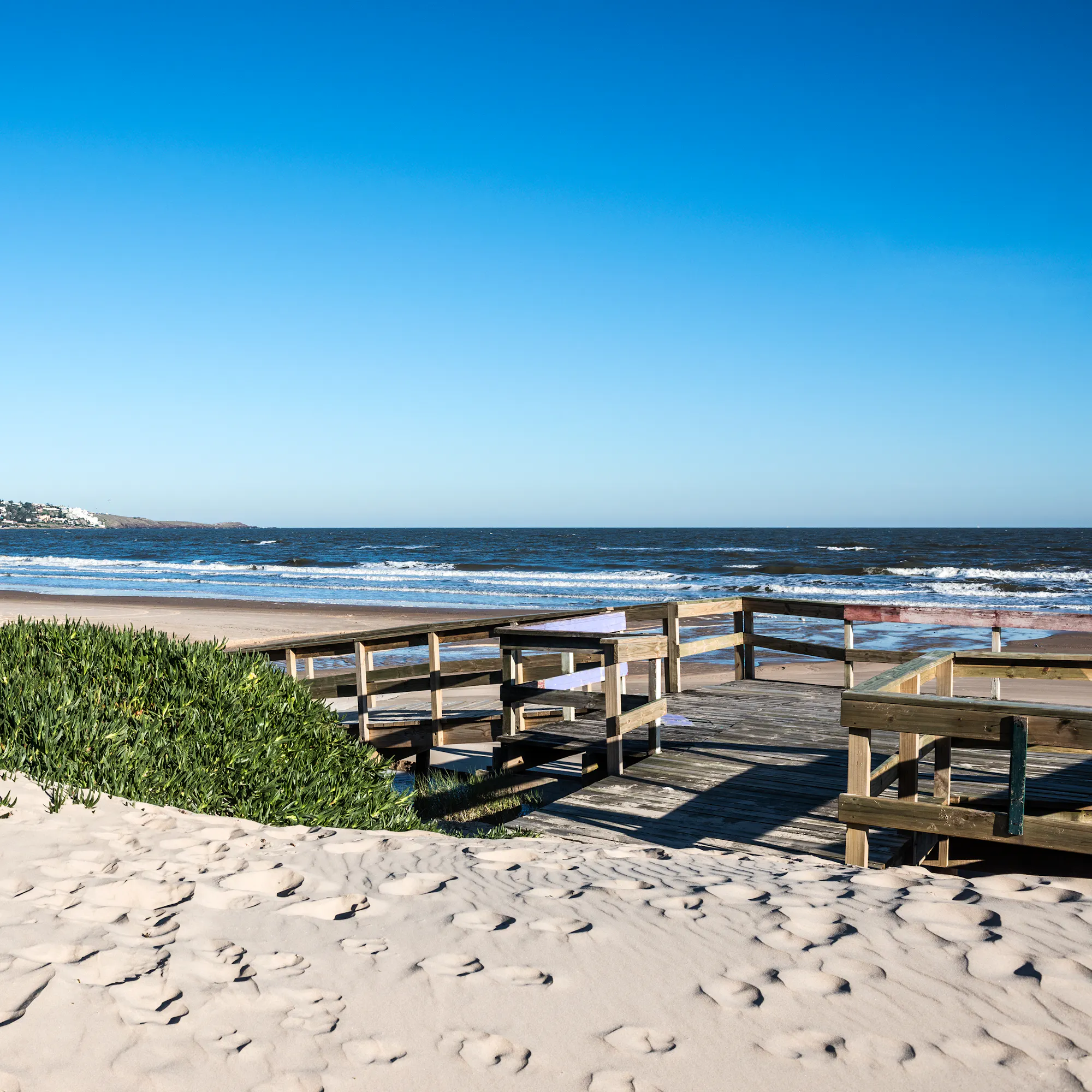 White sand dunes and low beach vegetation stretch along the coast under a blue sky in Uruguay.