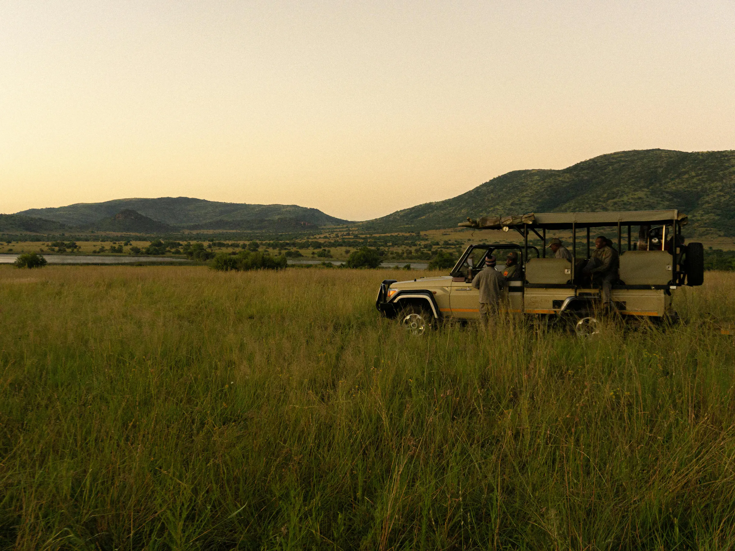 A safari vehicle sits in golden grassland as two tourists observe wildlife at golden hour.