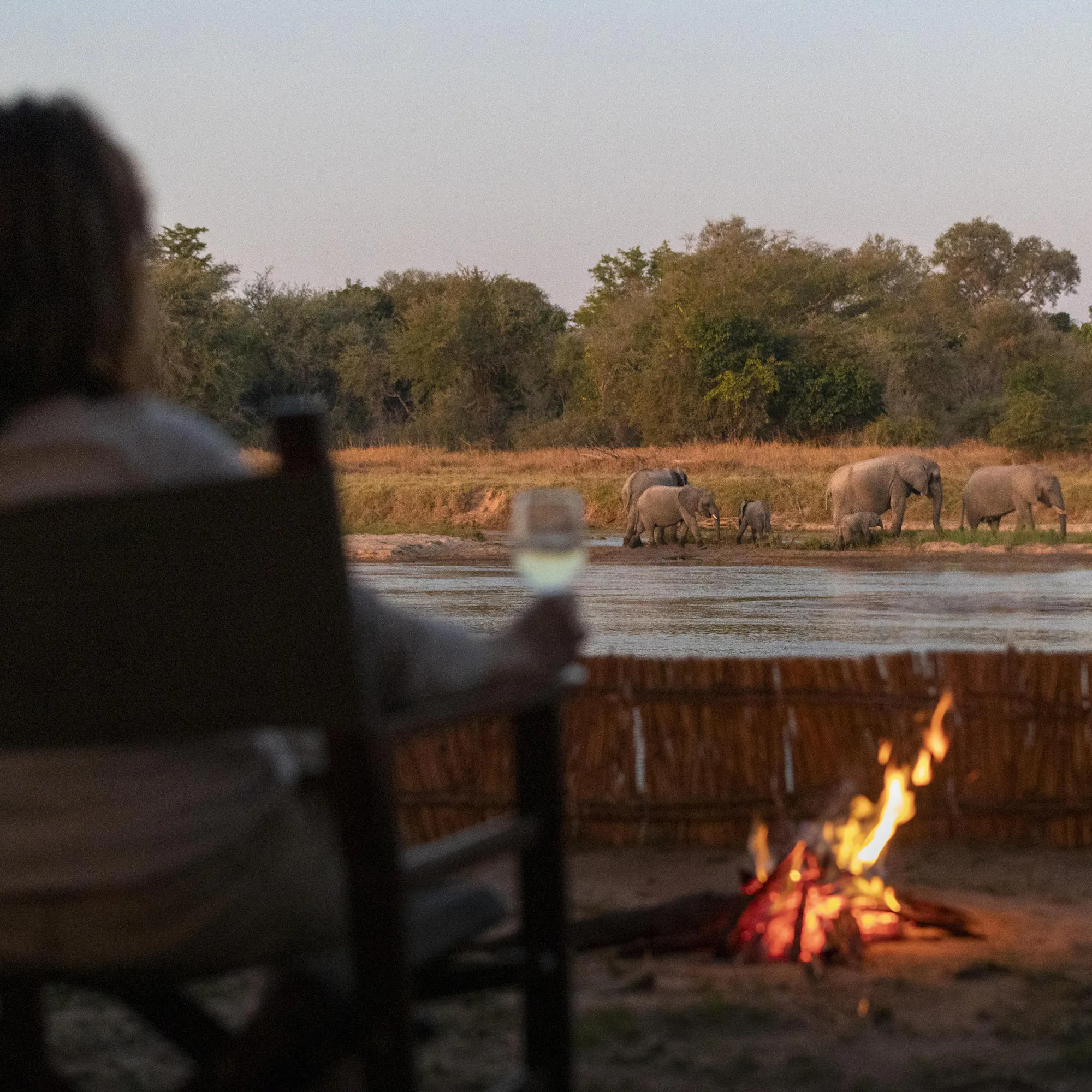 A campfire burns beside a simple wooden chair at a remote wilderness camp in North Luangwa.