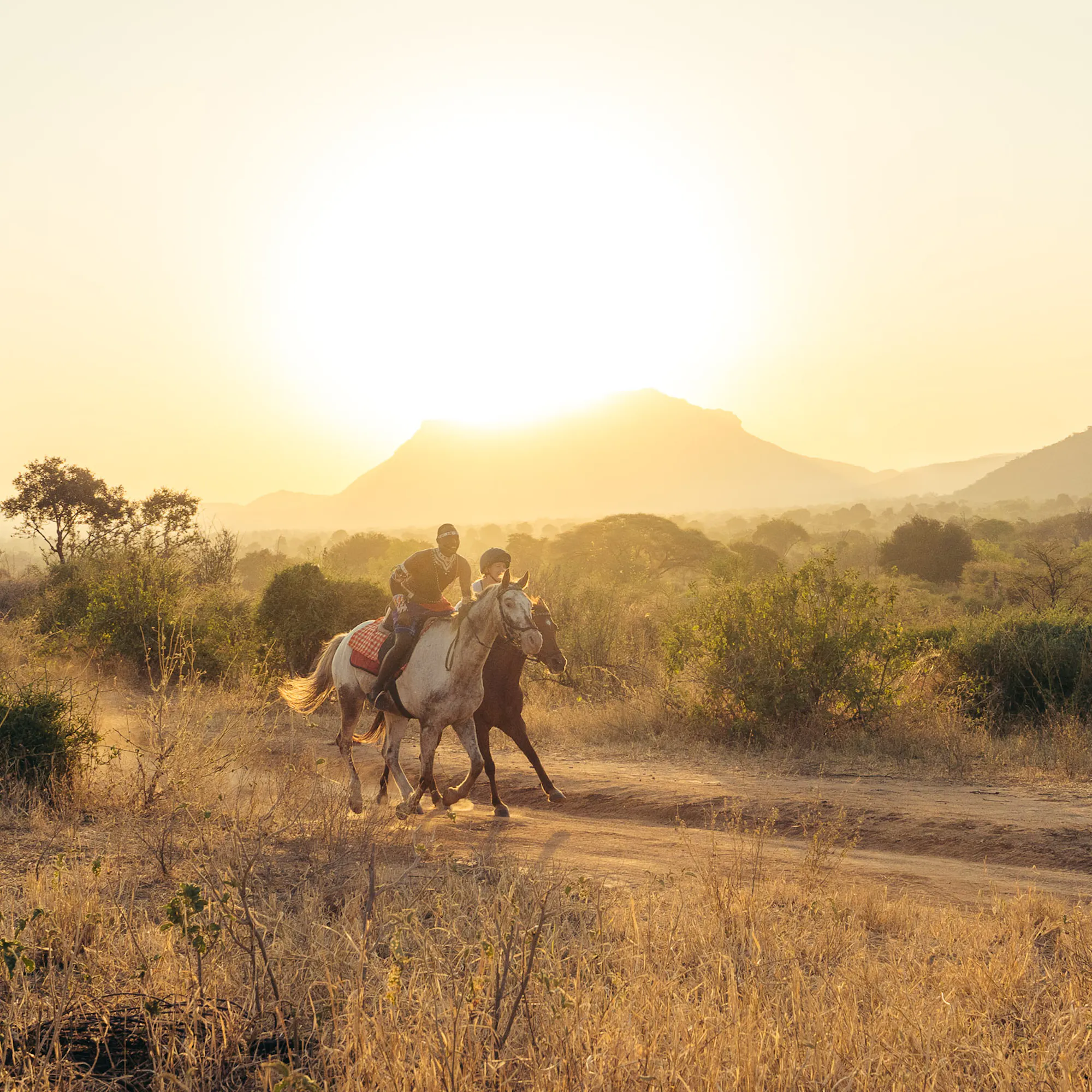 Riders on horseback move through open golden savanna beneath a wide sky in Kenya's Matthews Range.