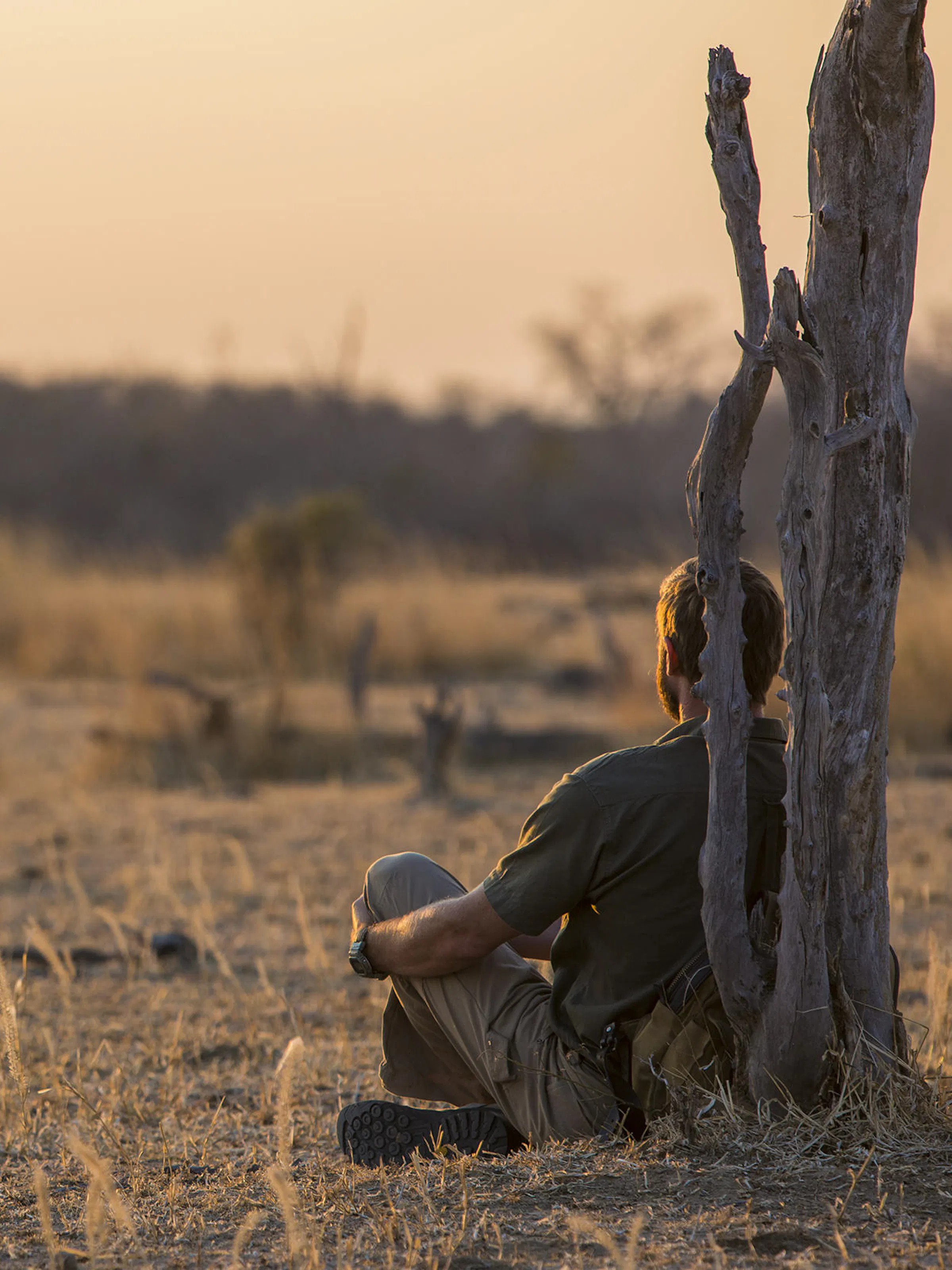 A man sits alone on a wooden chair at sunset overlooking a dry sandy riverbed in North Luangwa.