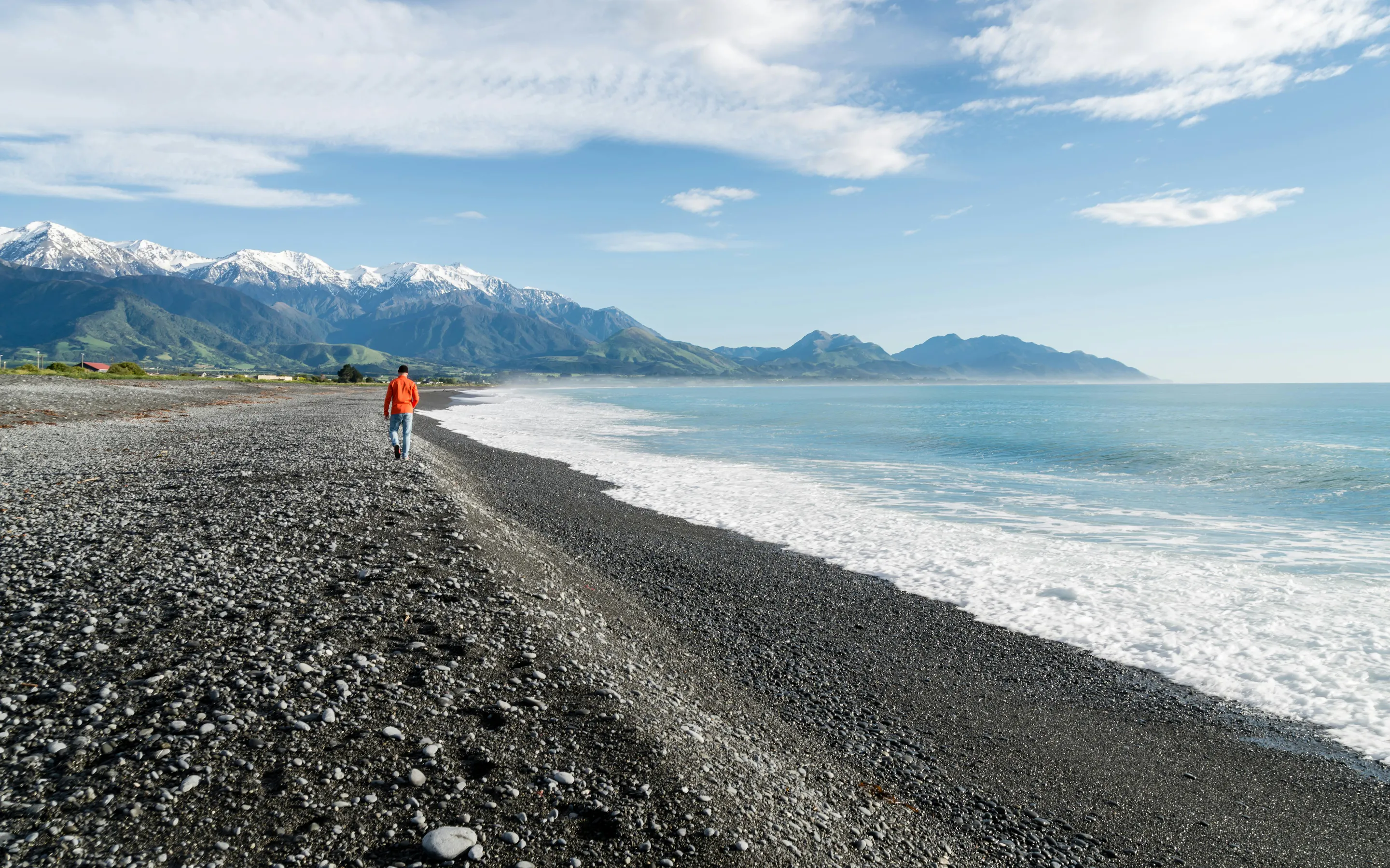 A lone figure stands on a dark pebble beach looking toward distant mountains under a pale sky.