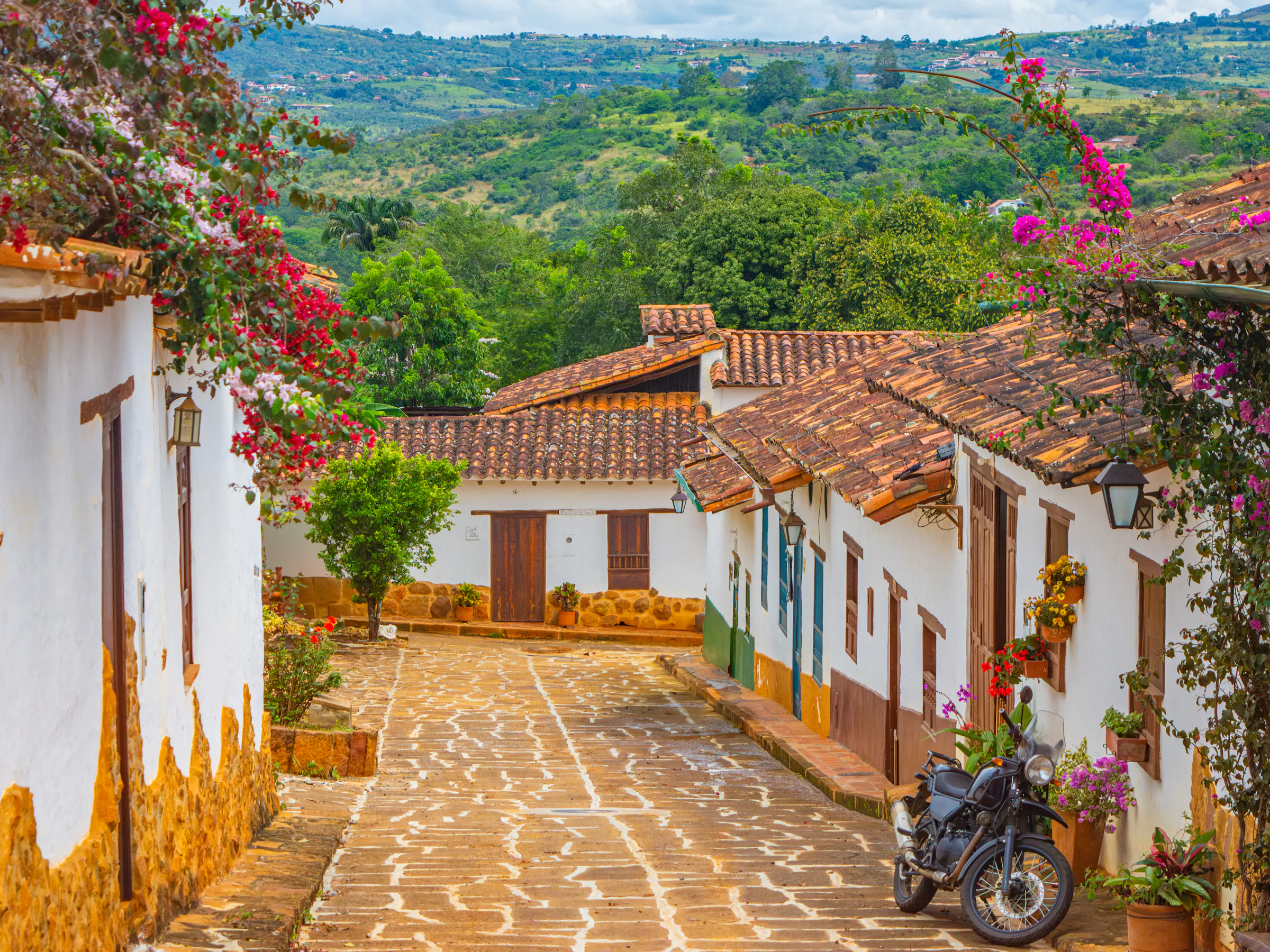 Flowers cascade over whitewashed walls along a cobblestone street in Barichara, Colombia.