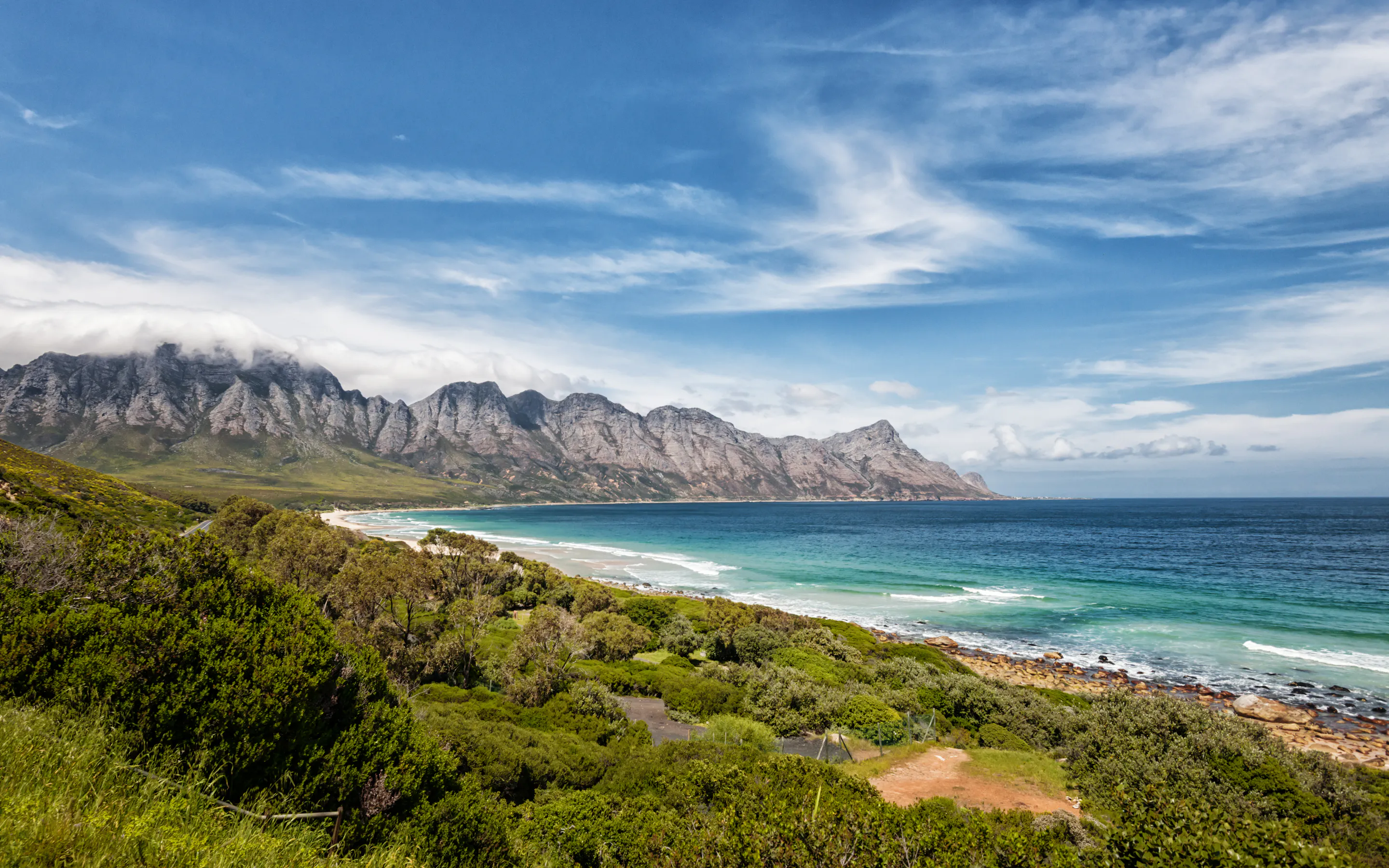 Green fynbos-covered hills descend to a rocky shoreline with ocean and a pale cloudy sky beyond.