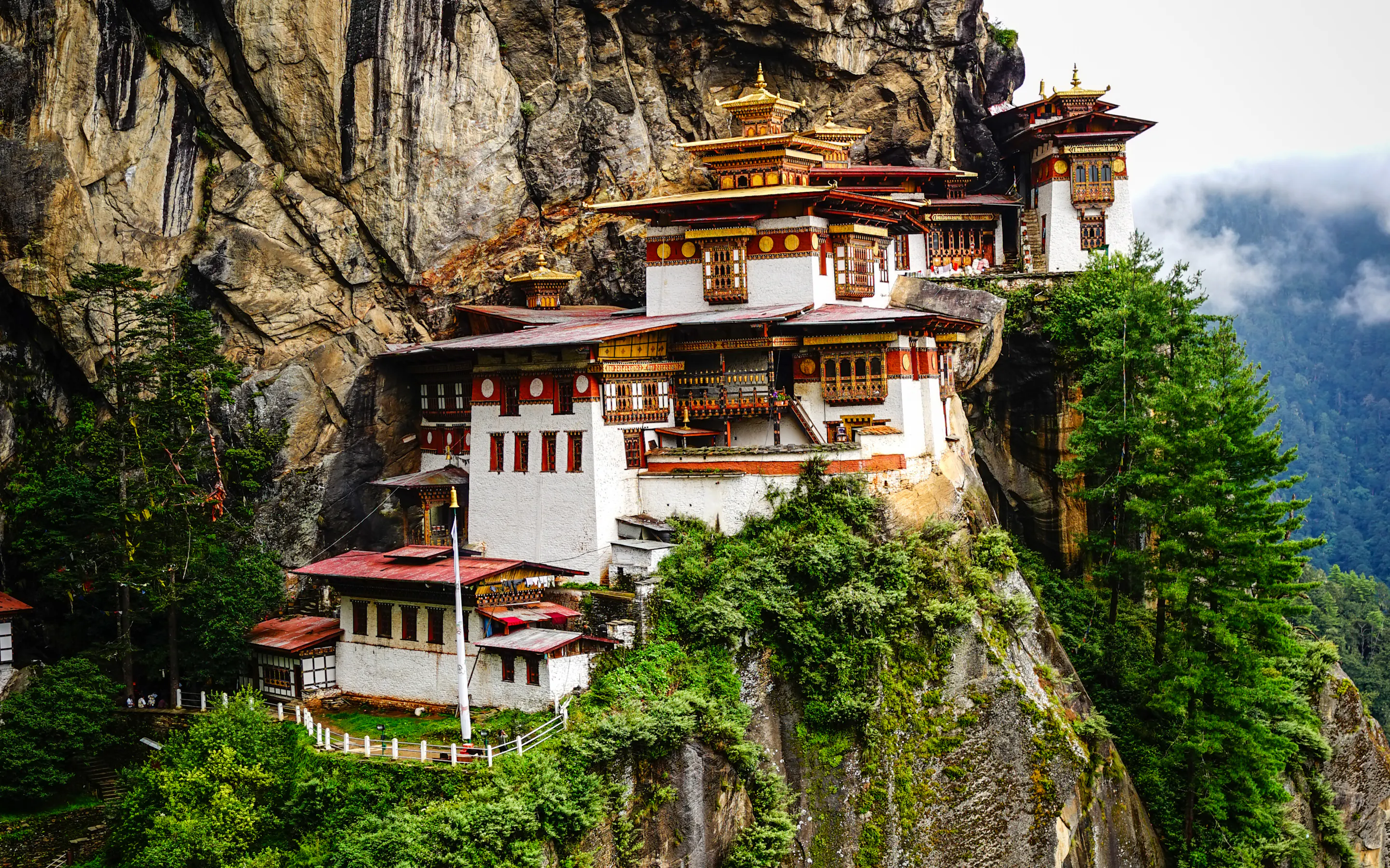 The Tiger's Nest monastery clings to a sheer cliff face above a dense pine forest in Paro.