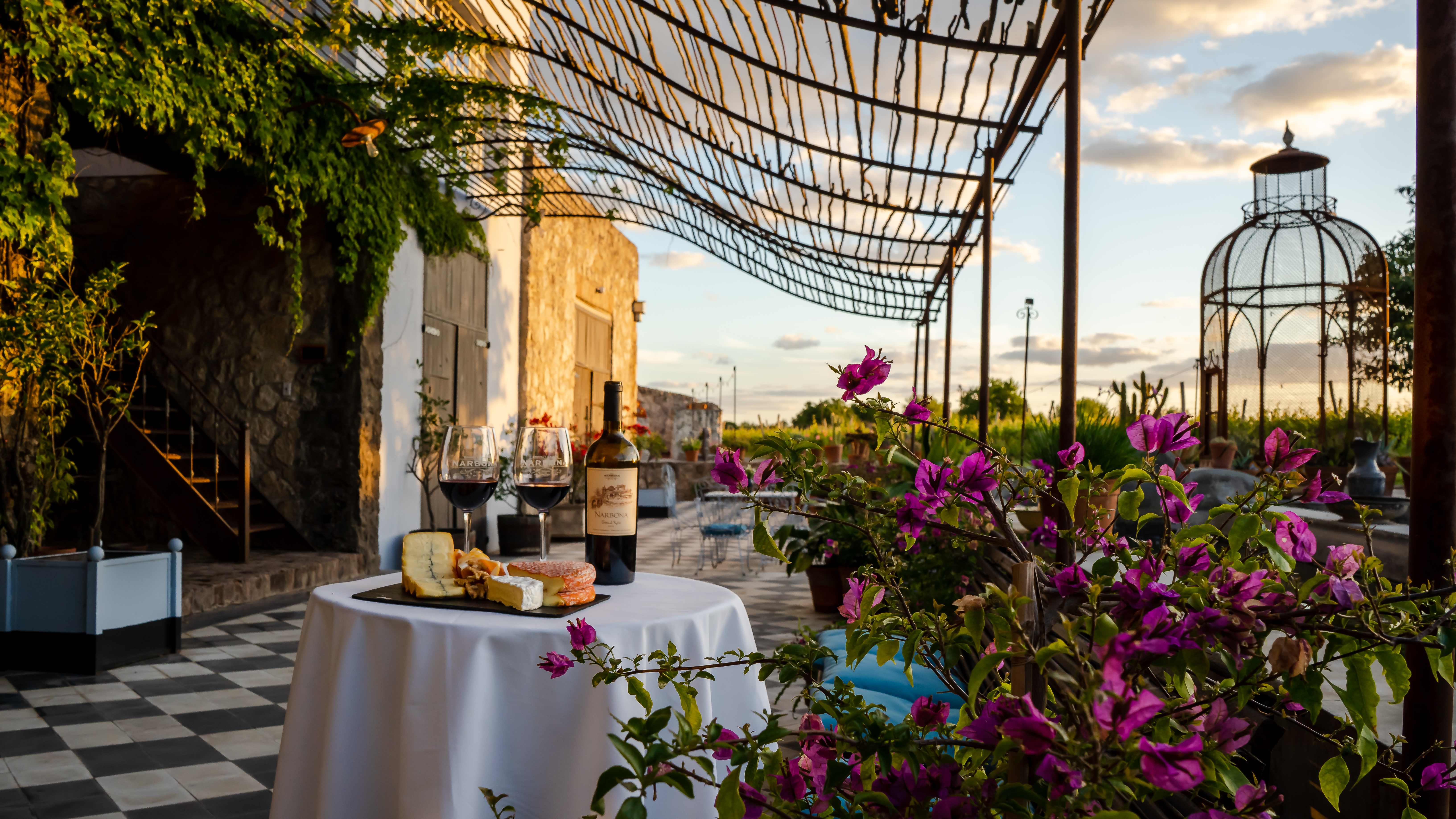 An ornate covered patio with iron birdcages, bougainvillea, and patterned tile floors at a wine lodge.