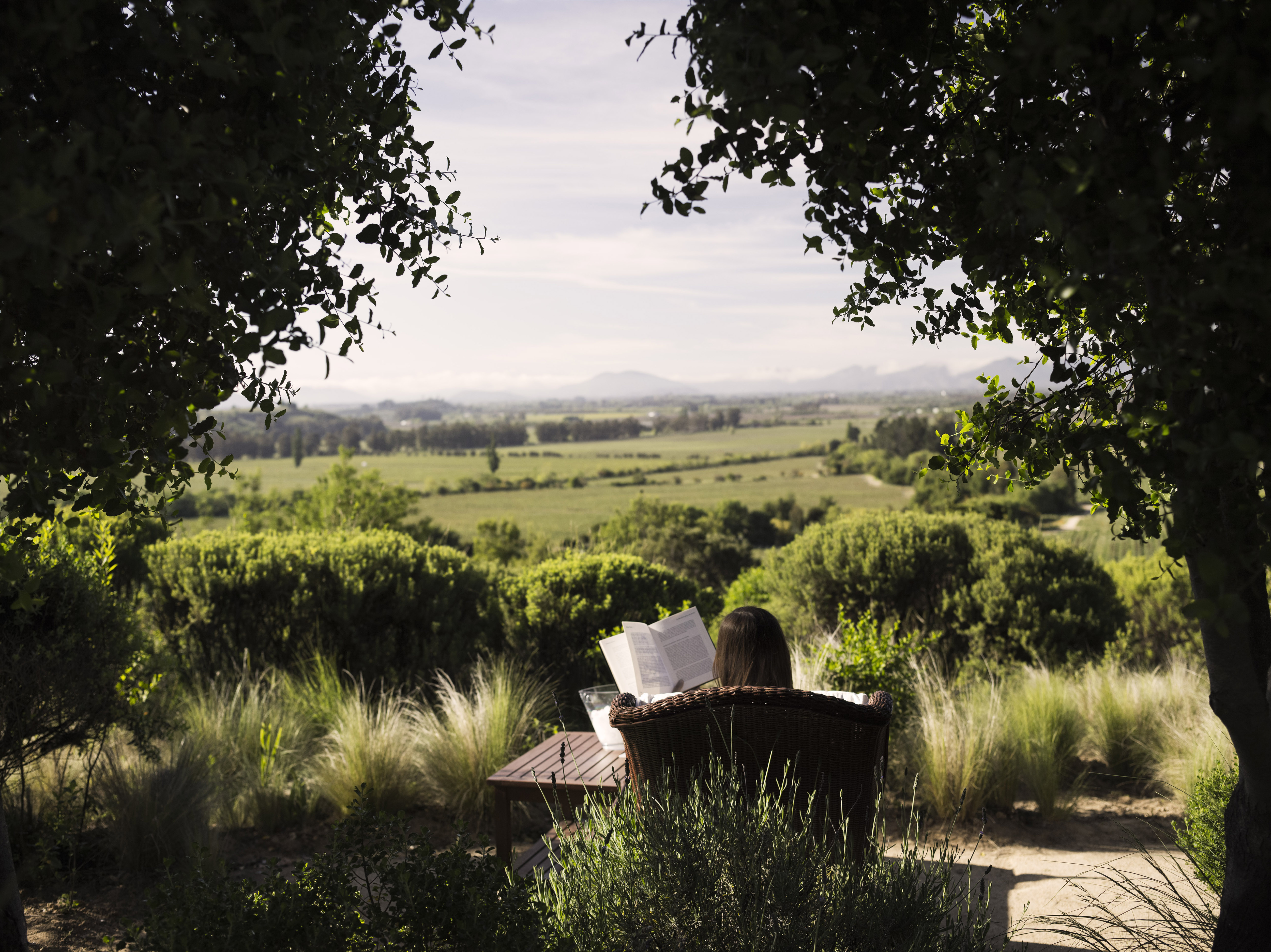 Two people relax in lounge chairs in a shaded outdoor area of a Chilean winery estate.