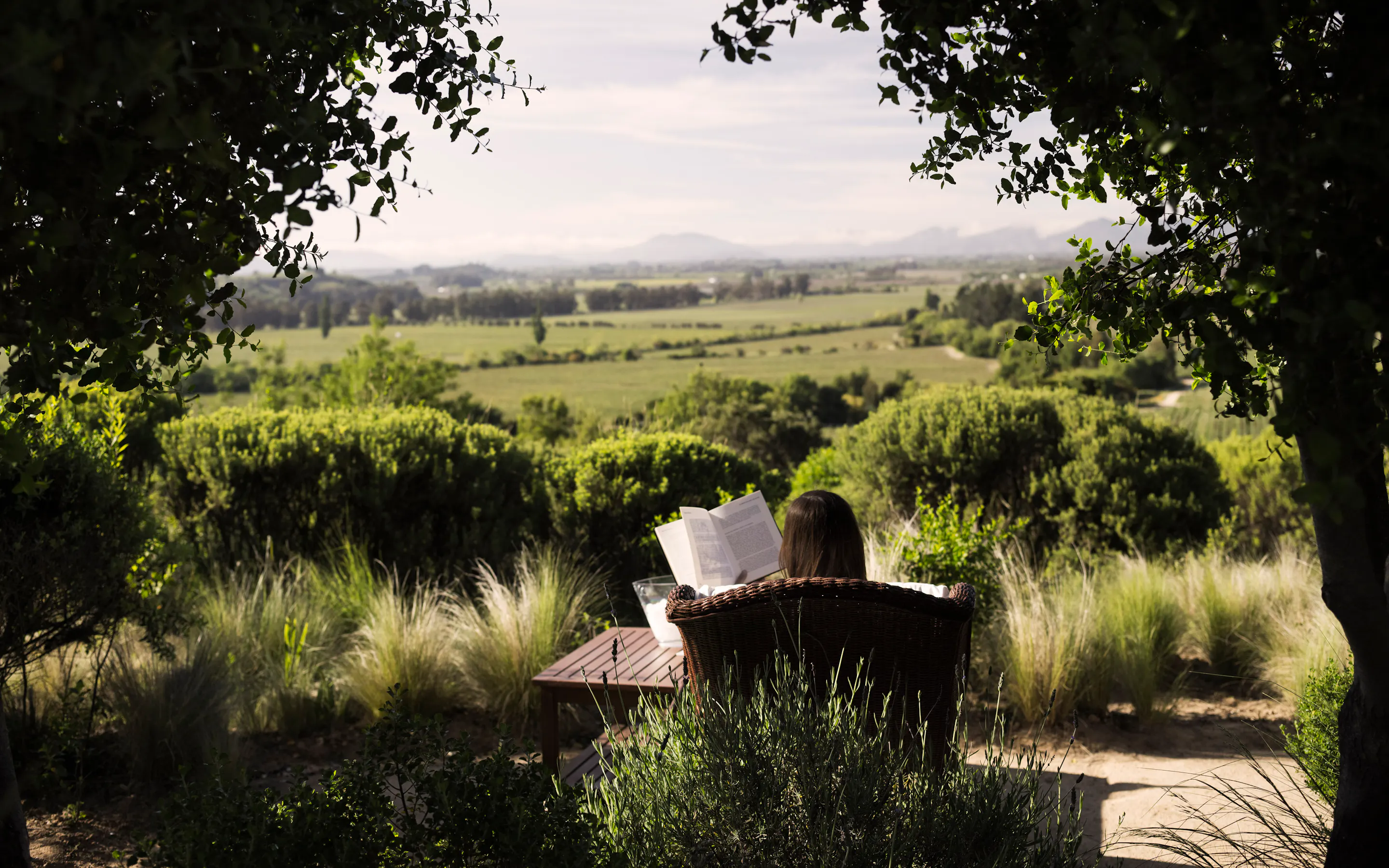Two people relax in lounge chairs in a shaded outdoor area of a Chilean winery estate.