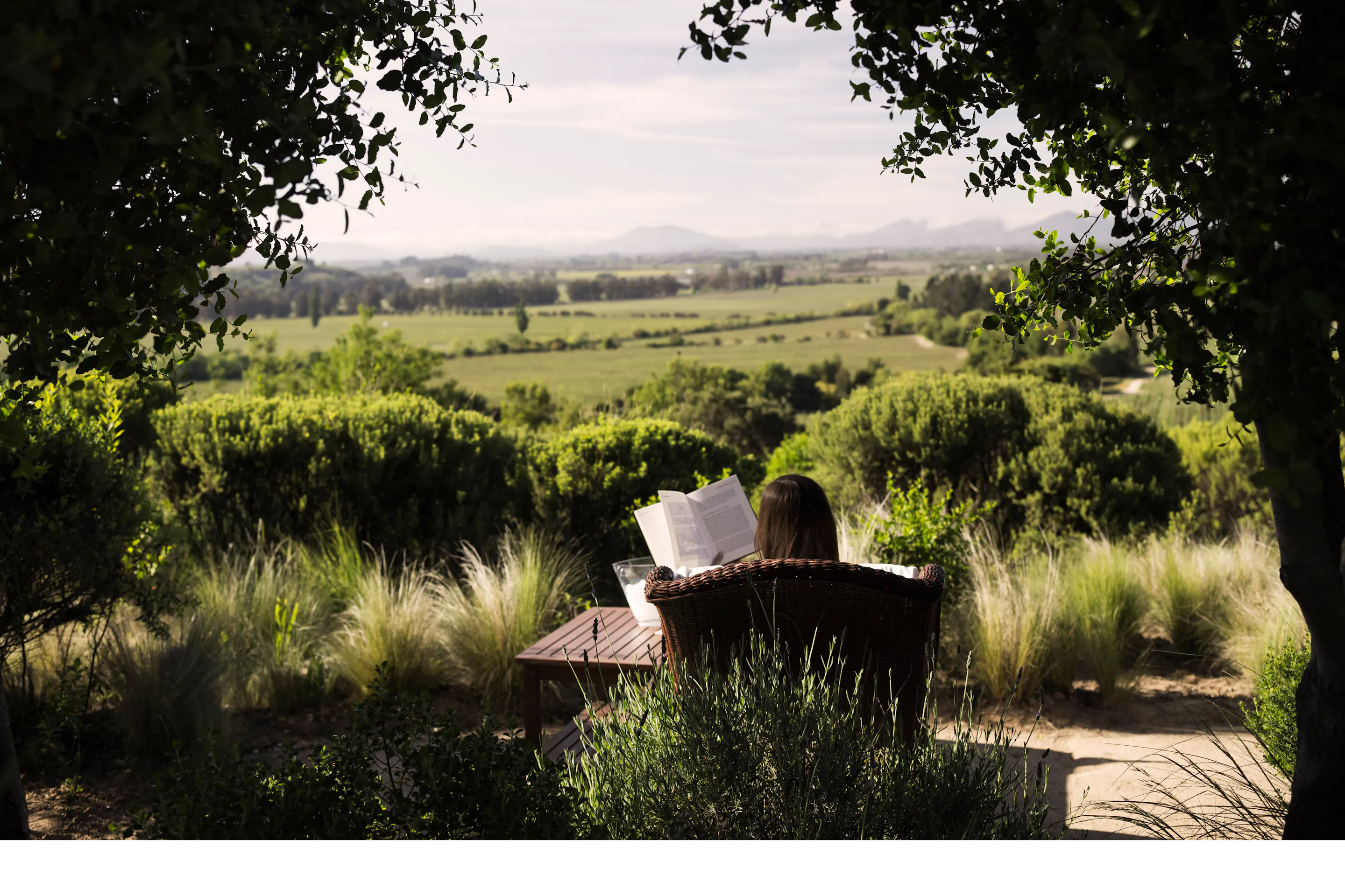 Two people relax in lounge chairs in a shaded outdoor area of a Chilean winery estate.