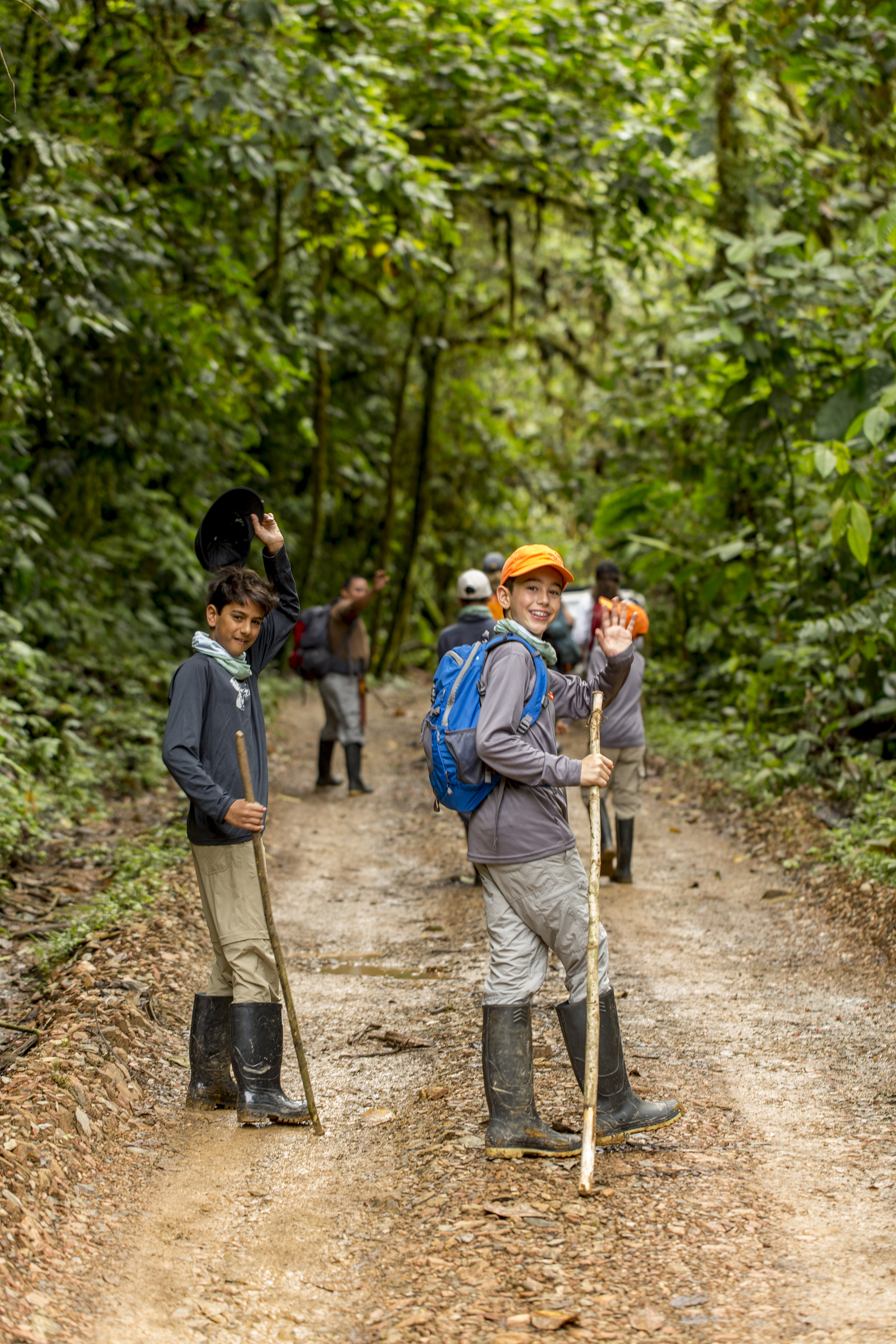 Two hikers with walking poles stand on a narrow trail cutting through lush cloud forest.