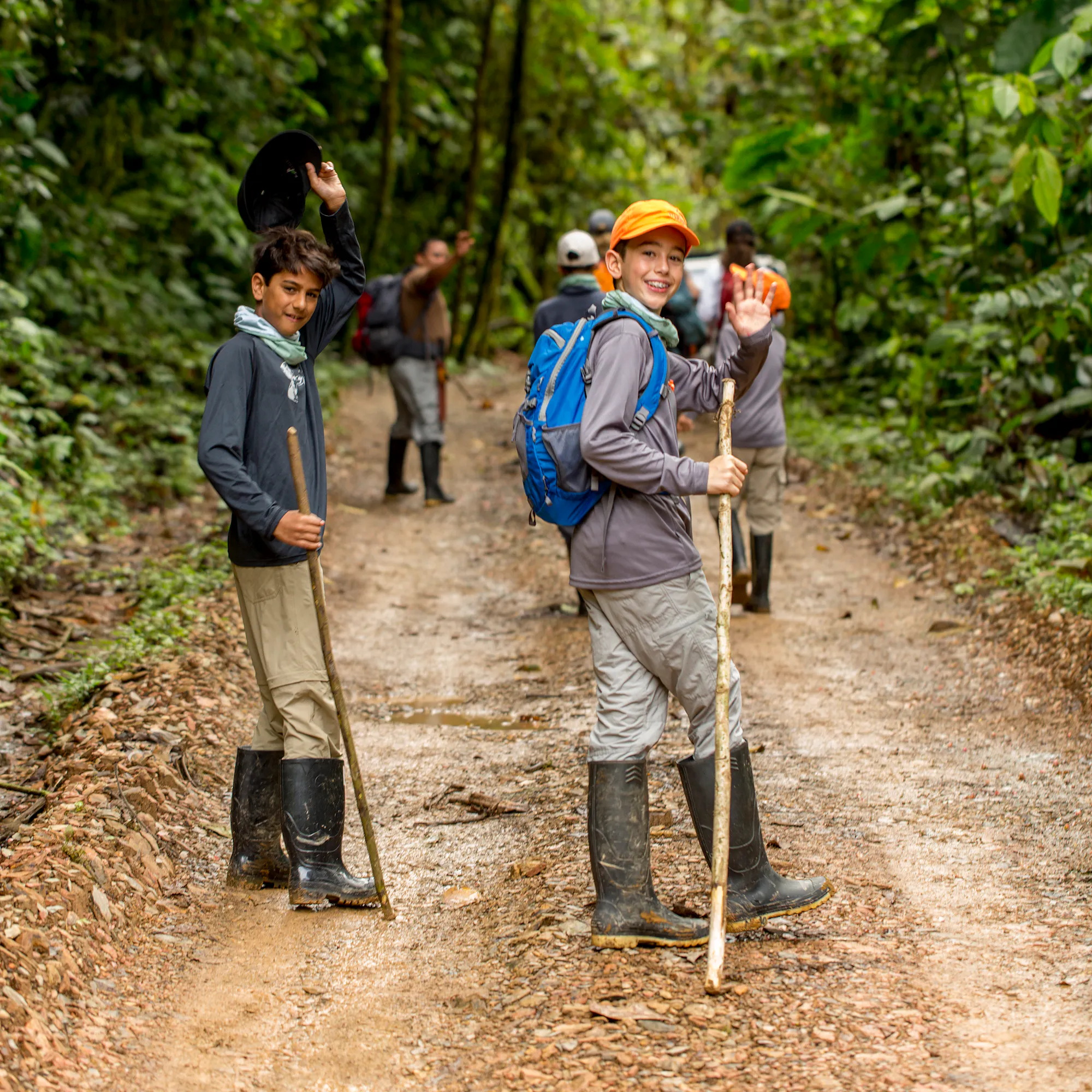 Two hikers with walking poles stand on a narrow trail cutting through lush cloud forest.