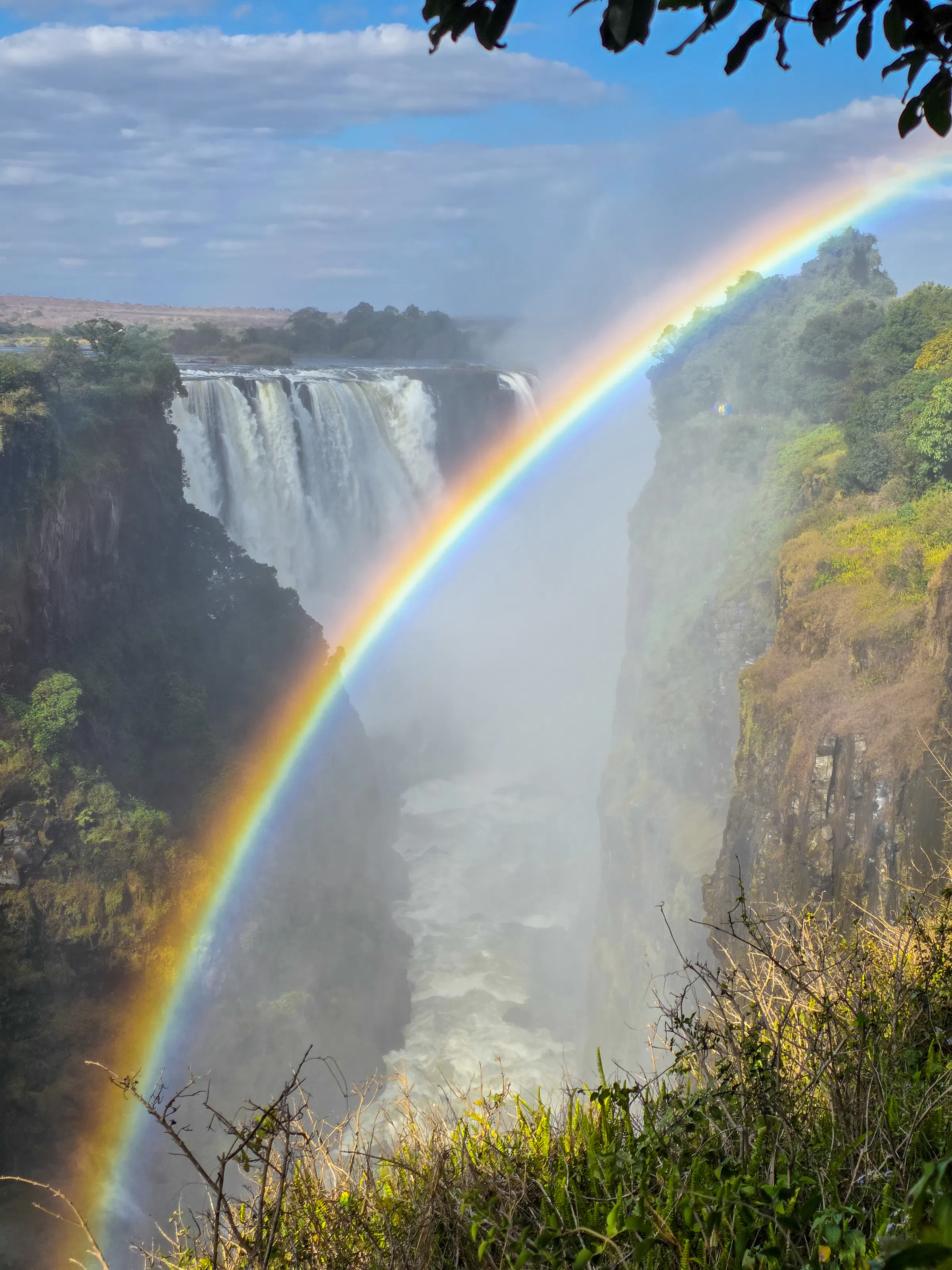 Victoria Falls thunders into a deep gorge beneath a vivid rainbow arching through the mist.