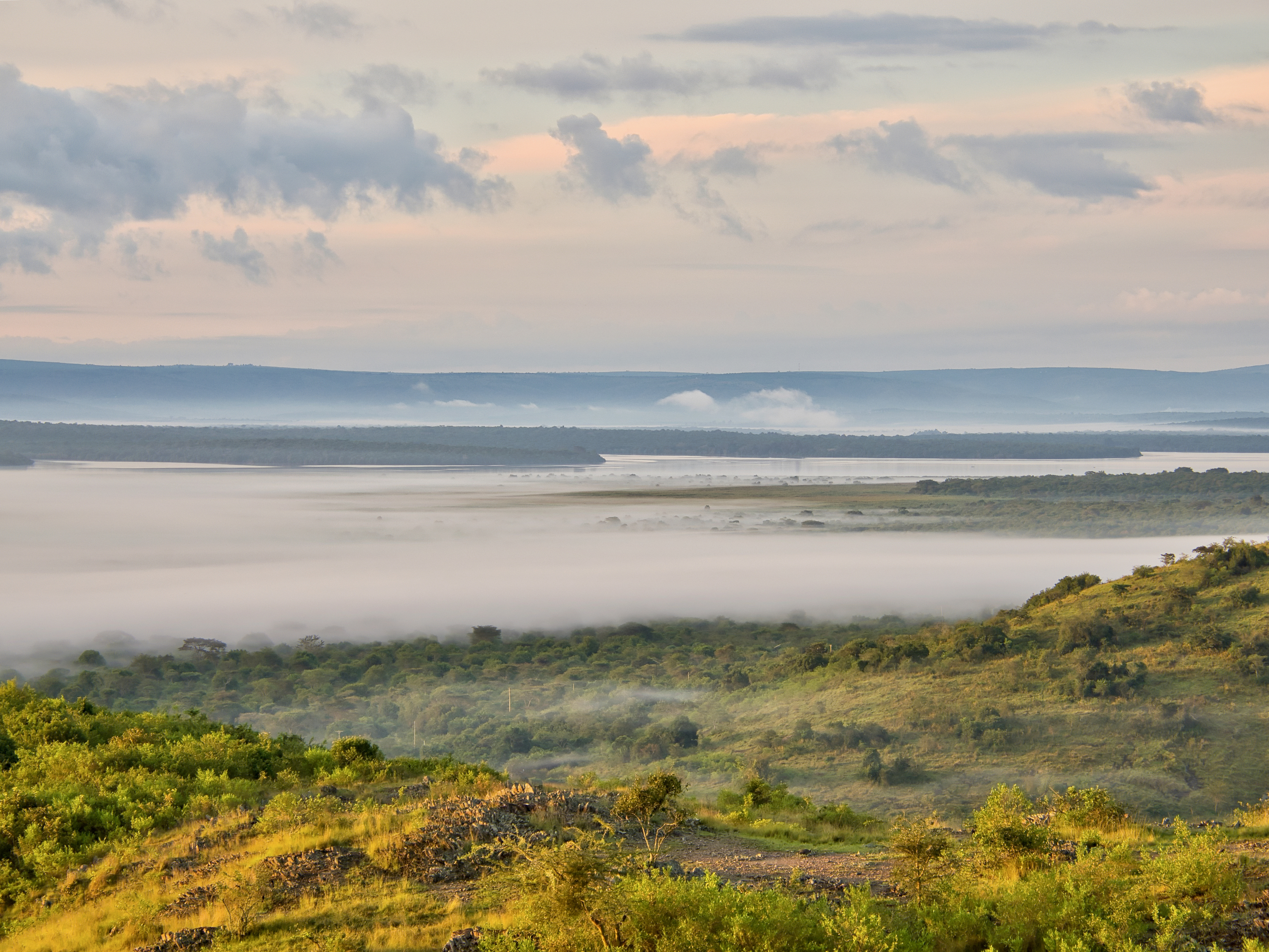 A wide green floodplain stretches toward distant hills beneath a partly cloudy sky in Uganda.