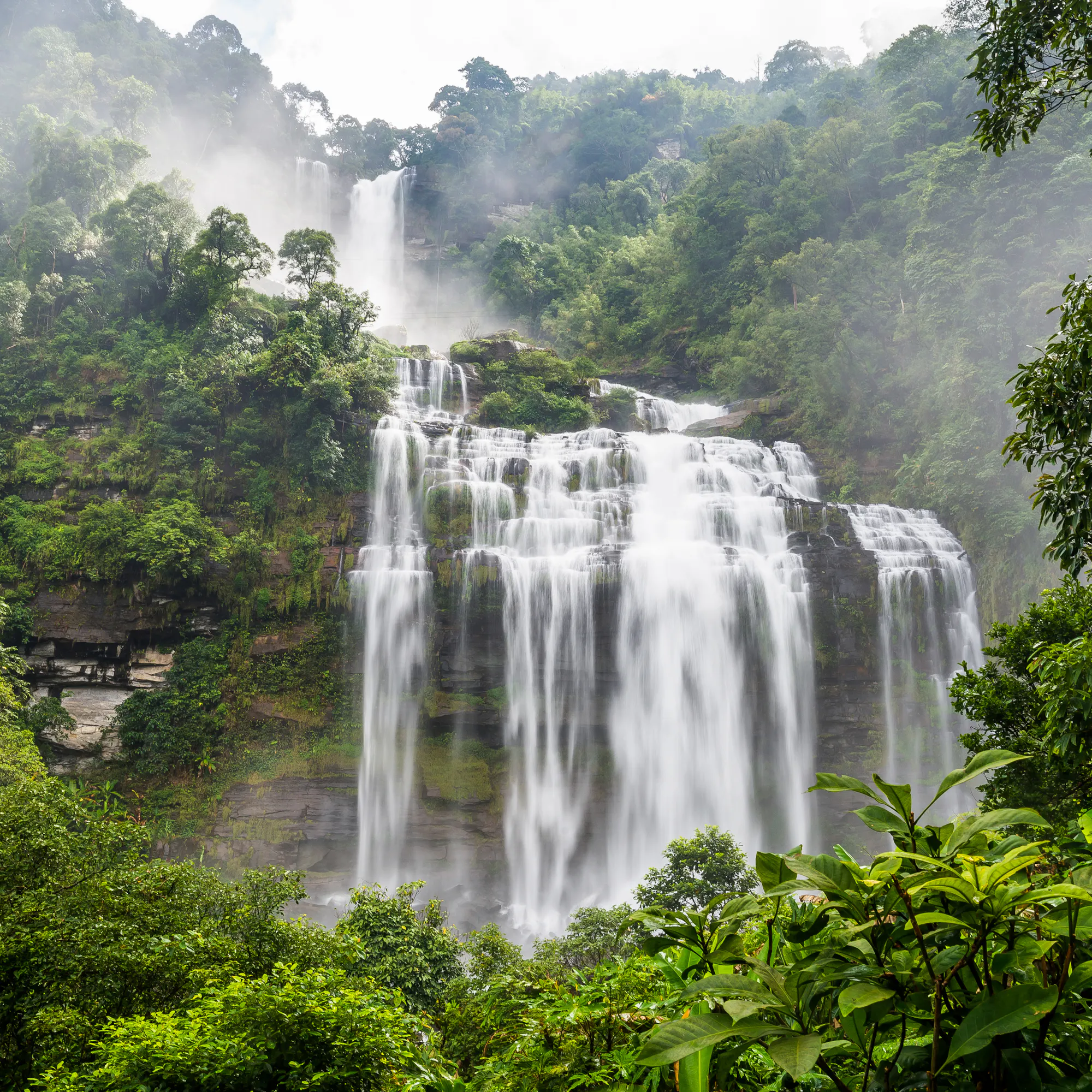 A tall waterfall drops through thick green jungle into a misty pool in Laos's Bolaven Plateau.