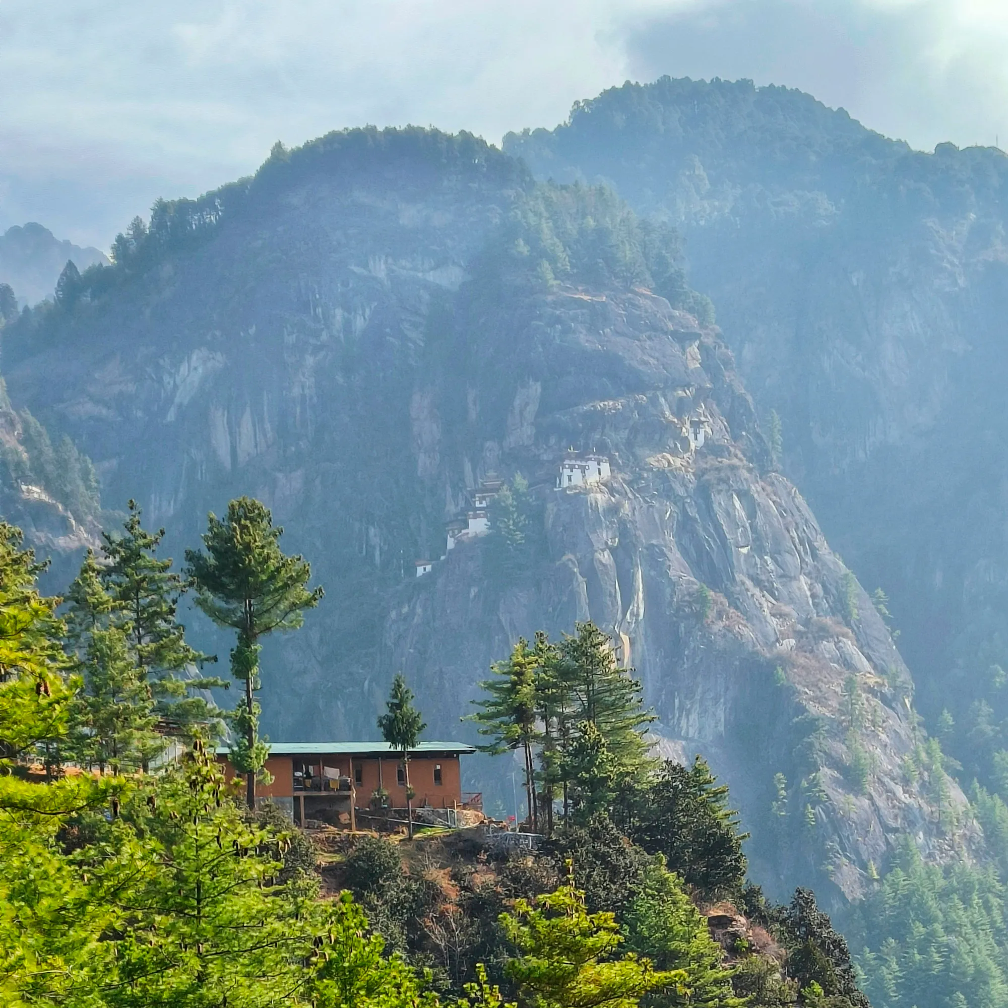 A narrow river valley in Bhutan with wooded mountains and low cloud mist filling the gorge.