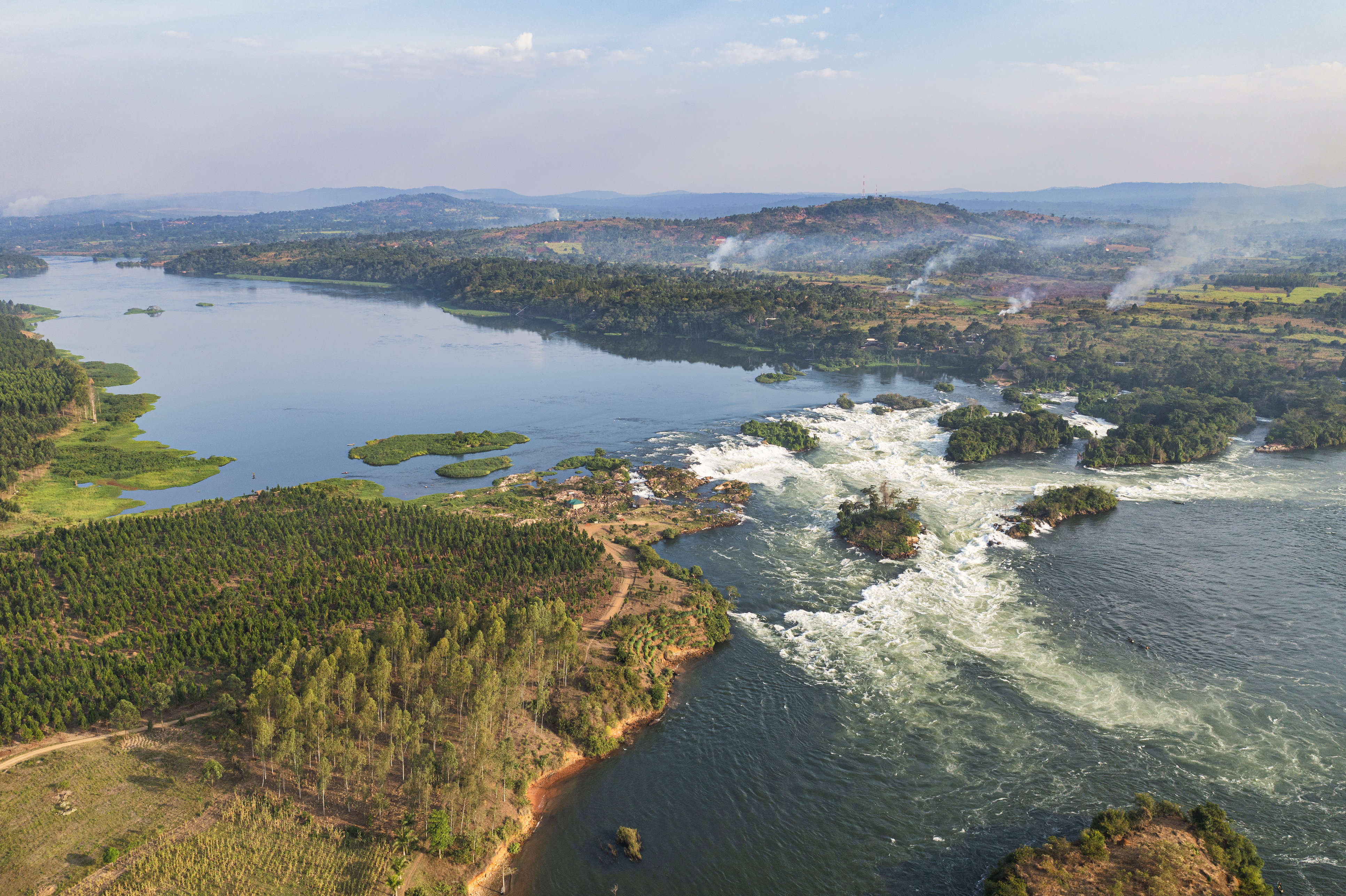 Aerial view of rapids on the Nile River near Jinja, Uganda