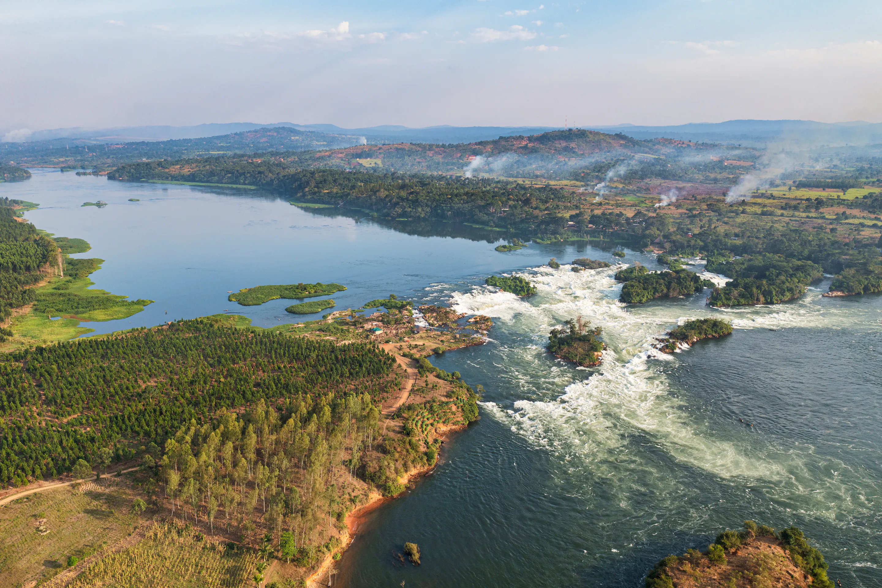 Aerial view of rapids on the Nile River near Jinja, Uganda