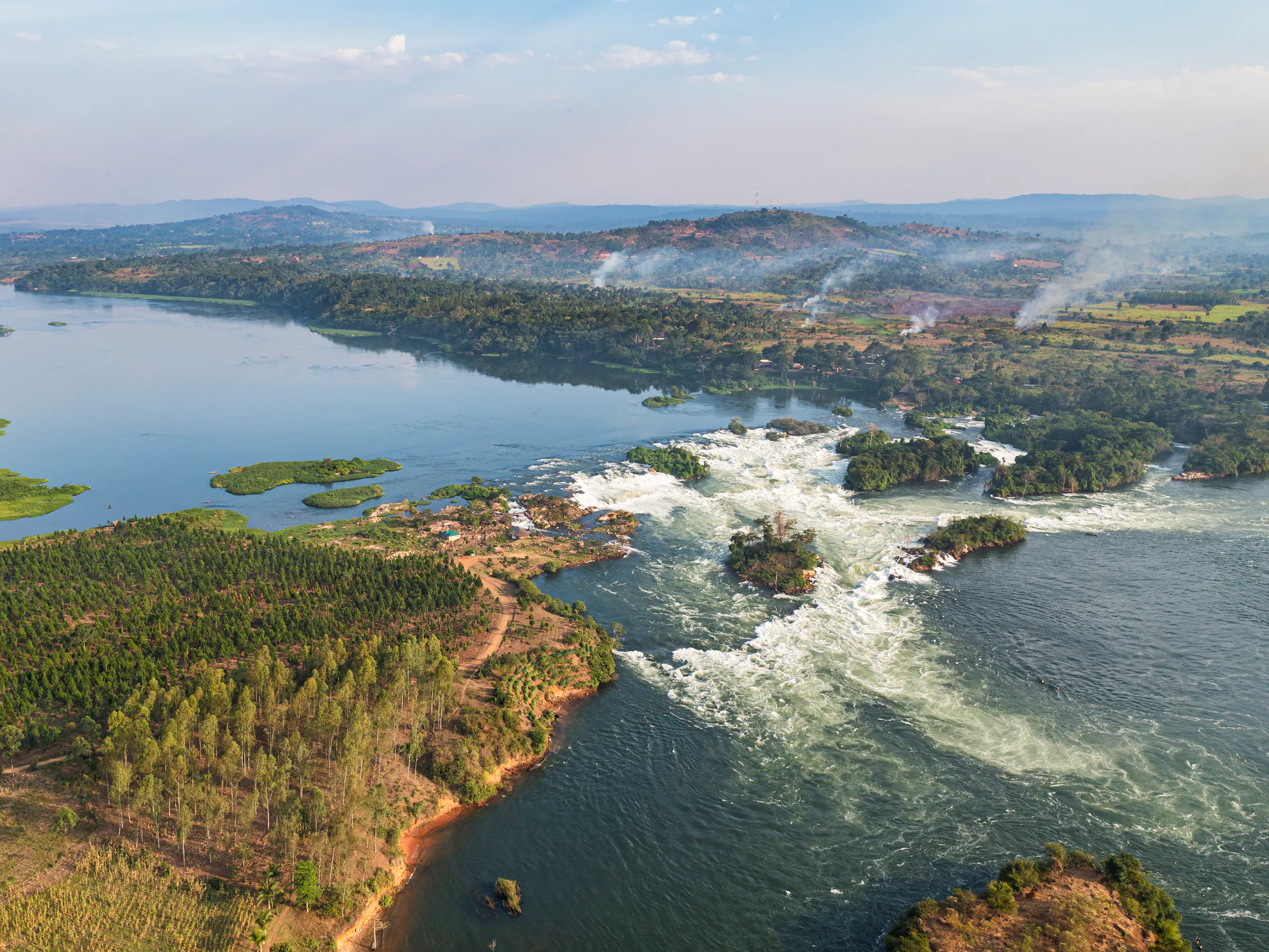 Aerial view of rapids on the Nile River near Jinja, Uganda