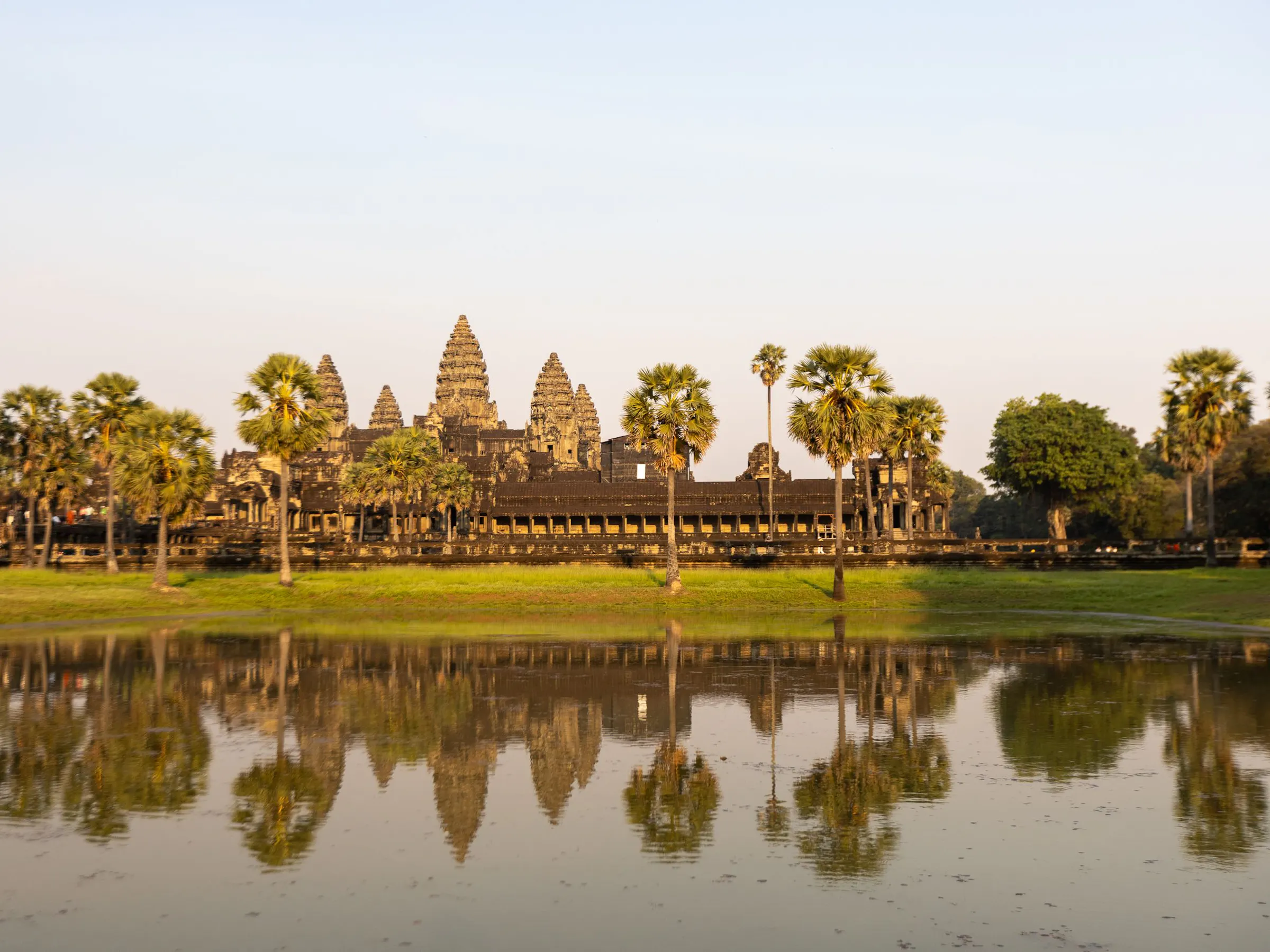 Angkor Wat reflected in moat with palm trees, Siem Reap Cambodia