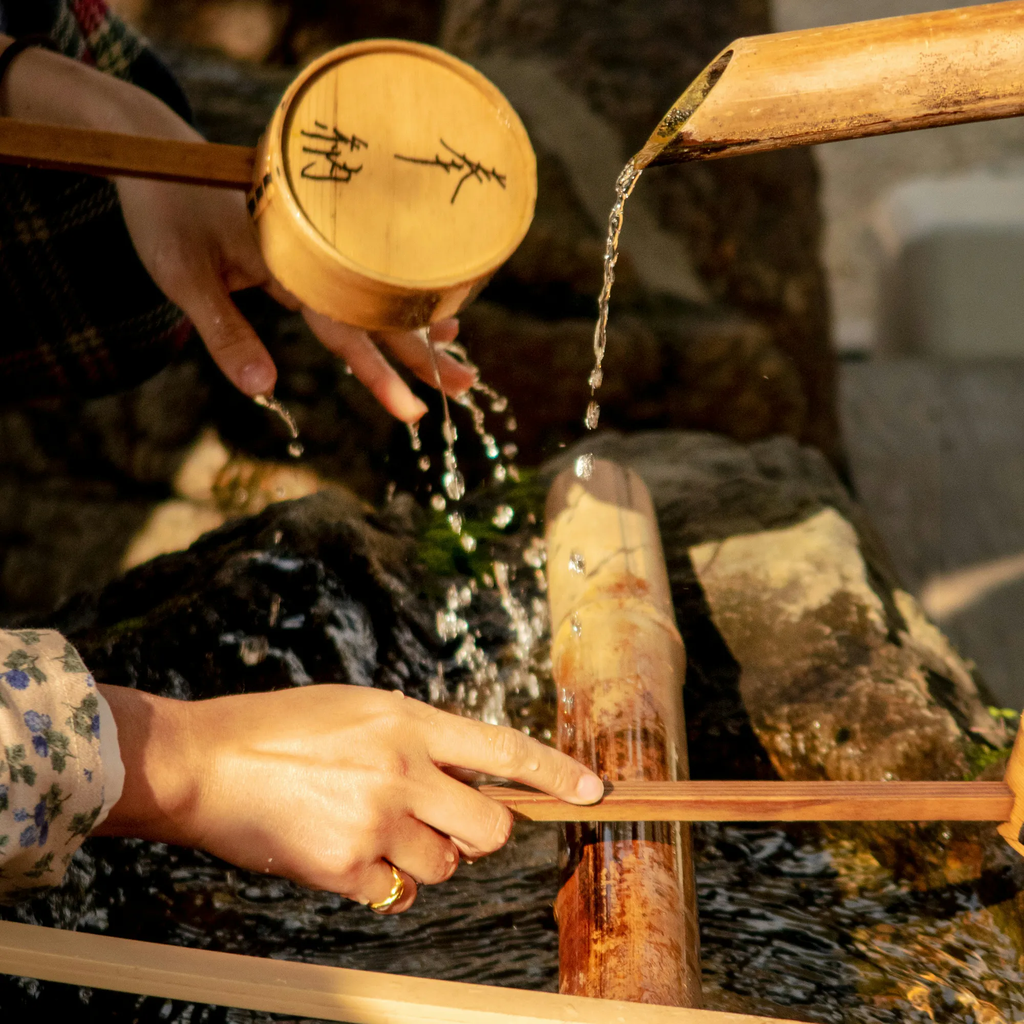 Ritual hand purification at bamboo temizuya fountain, Kyoto shrine