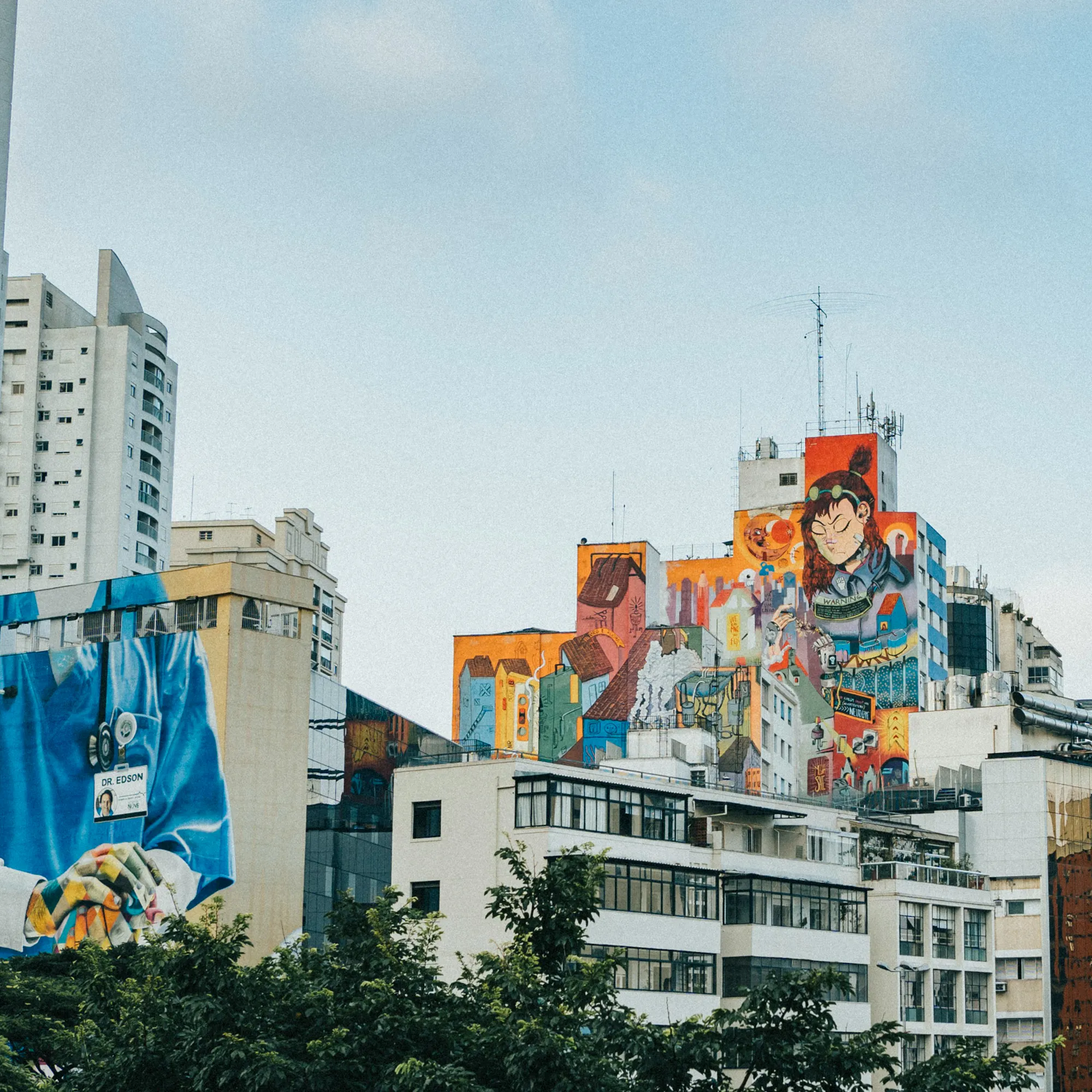 Vibrant street art murals covering building facades, São Paulo Brazil