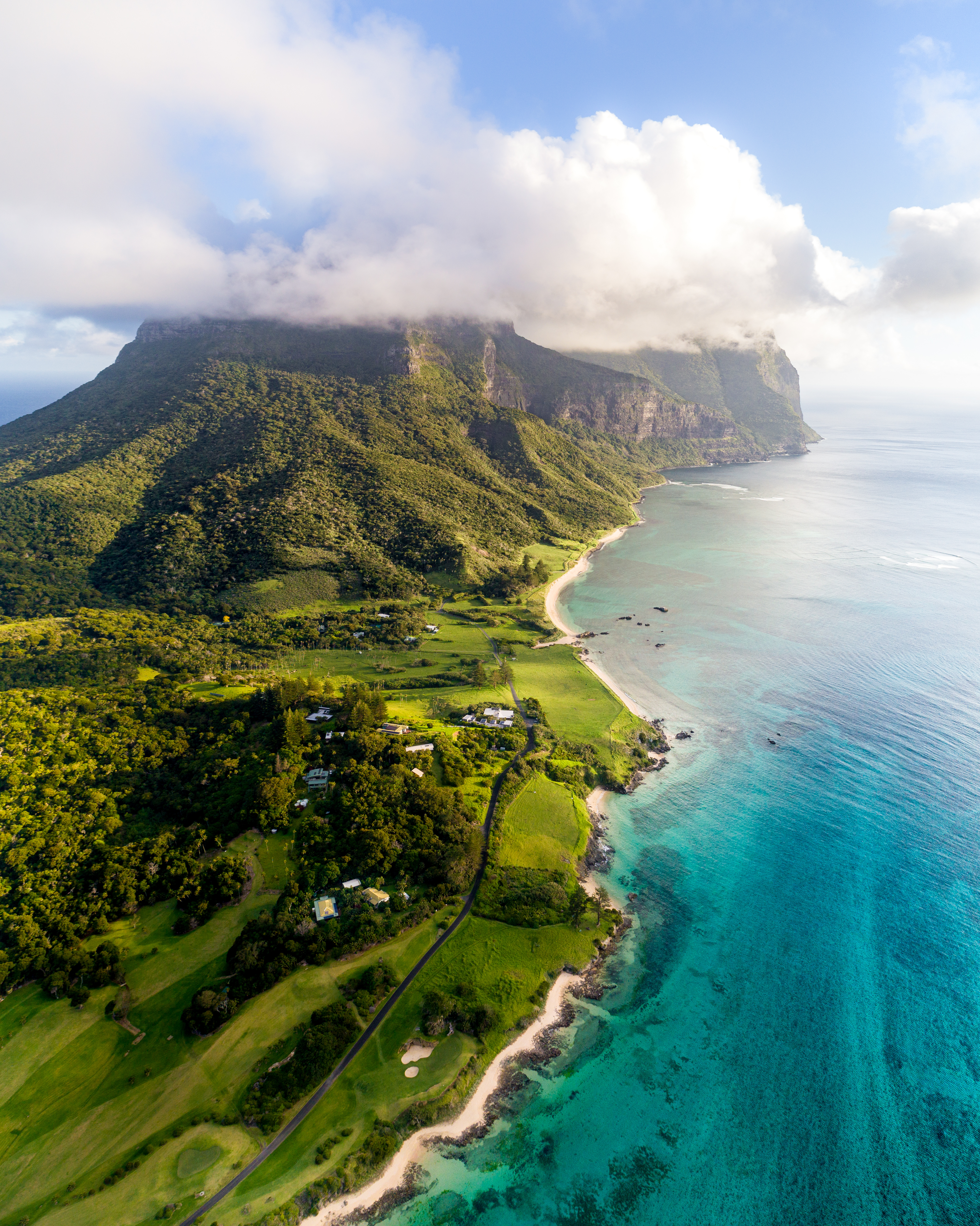 Aerial view of Lord Howe Island coastline and lagoon, Australia