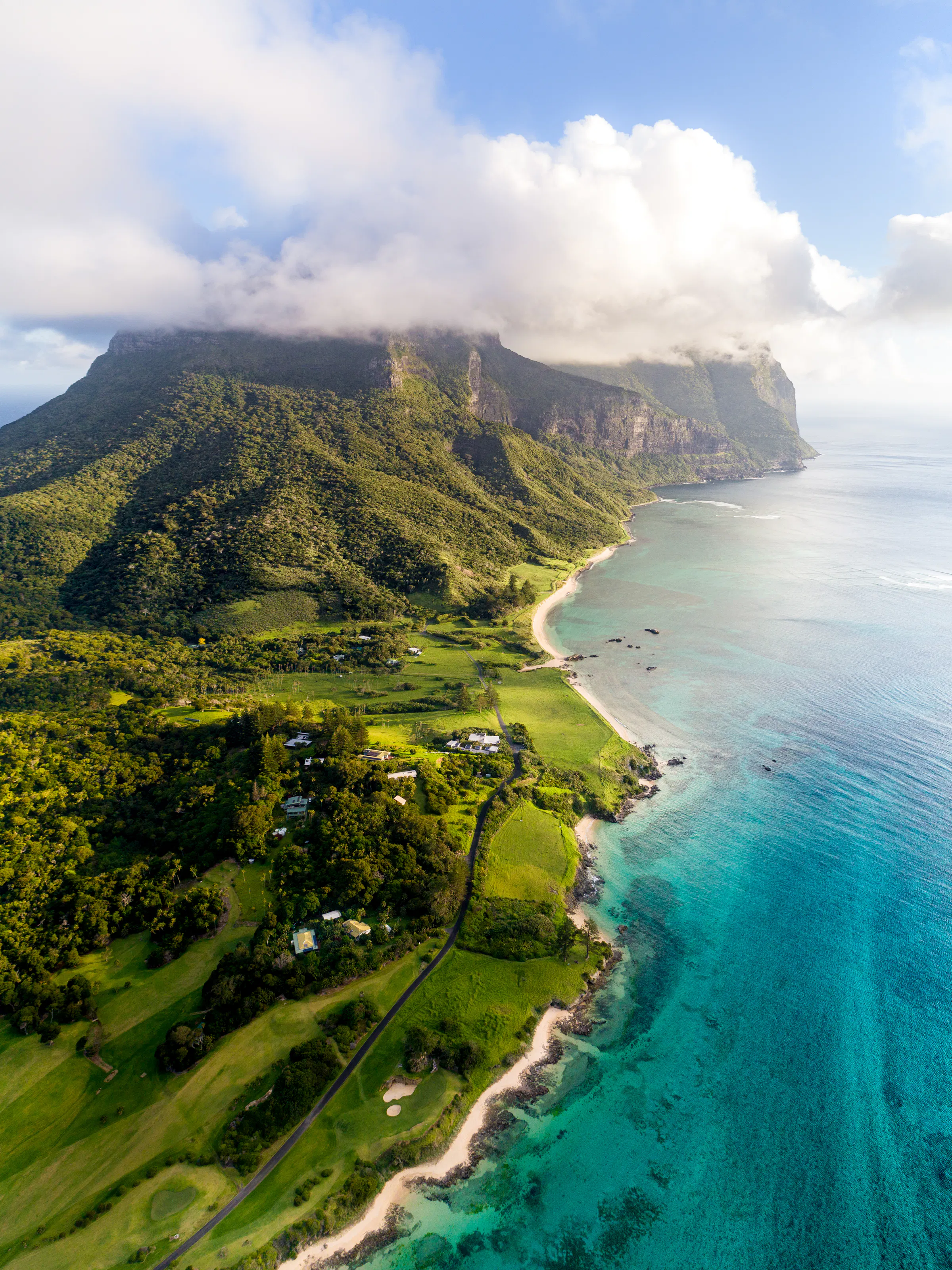 Aerial view of Lord Howe Island coastline and lagoon, Australia